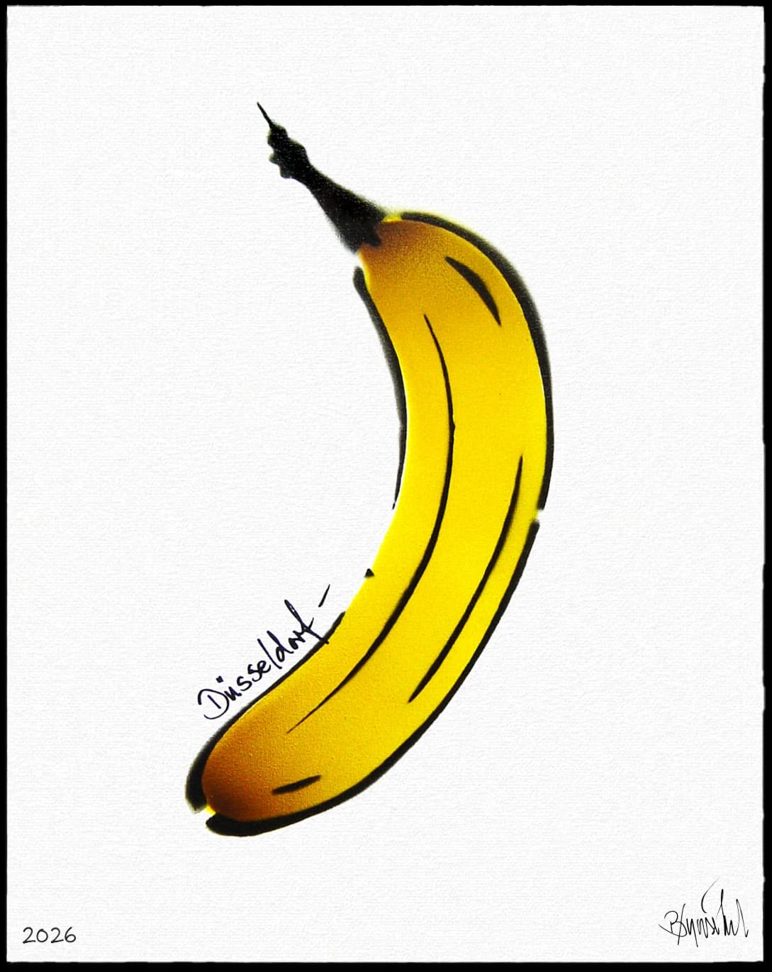 Gelbe Banane mit schwarzer Kontur auf weißem Hintergrund, unten links 2026 und Signatur.