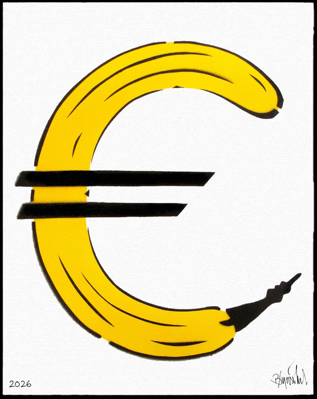 Gelbe Banane als C-förmiges Zeichen mit zwei schwarzen Balken auf weißem Hintergrund, unten Signatur 2026.
