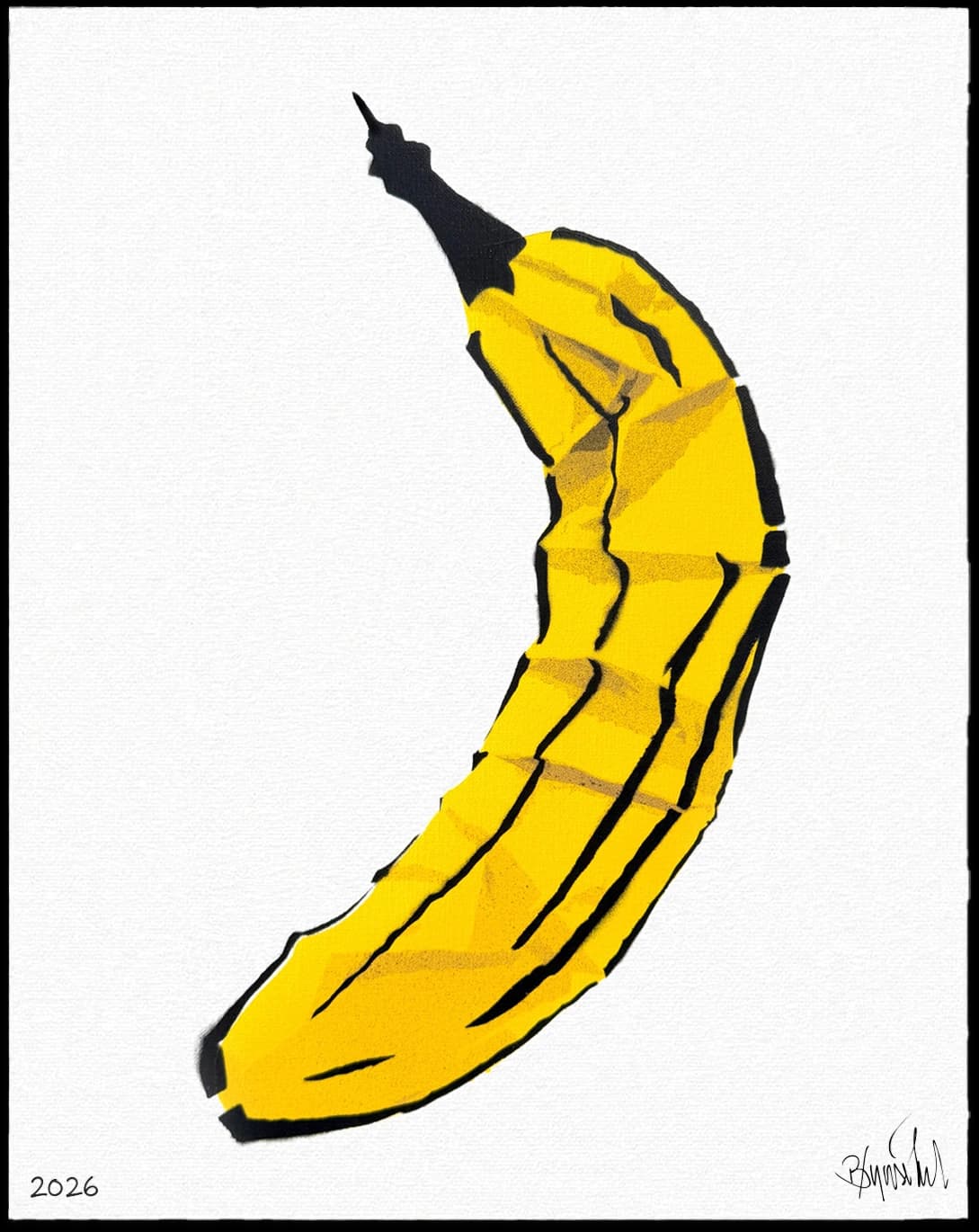 Eine gebogene gelbe Banane mit schwarzen Konturen und Schattierungen auf weißem Grund.