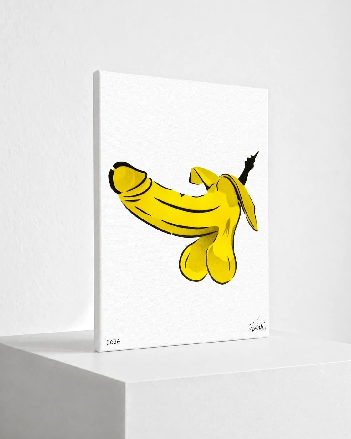 Gelbe Banane in Form eines Körpers mit schwarzem Stiel auf weißem Hintergrund, unten 2026 und Signatur.
