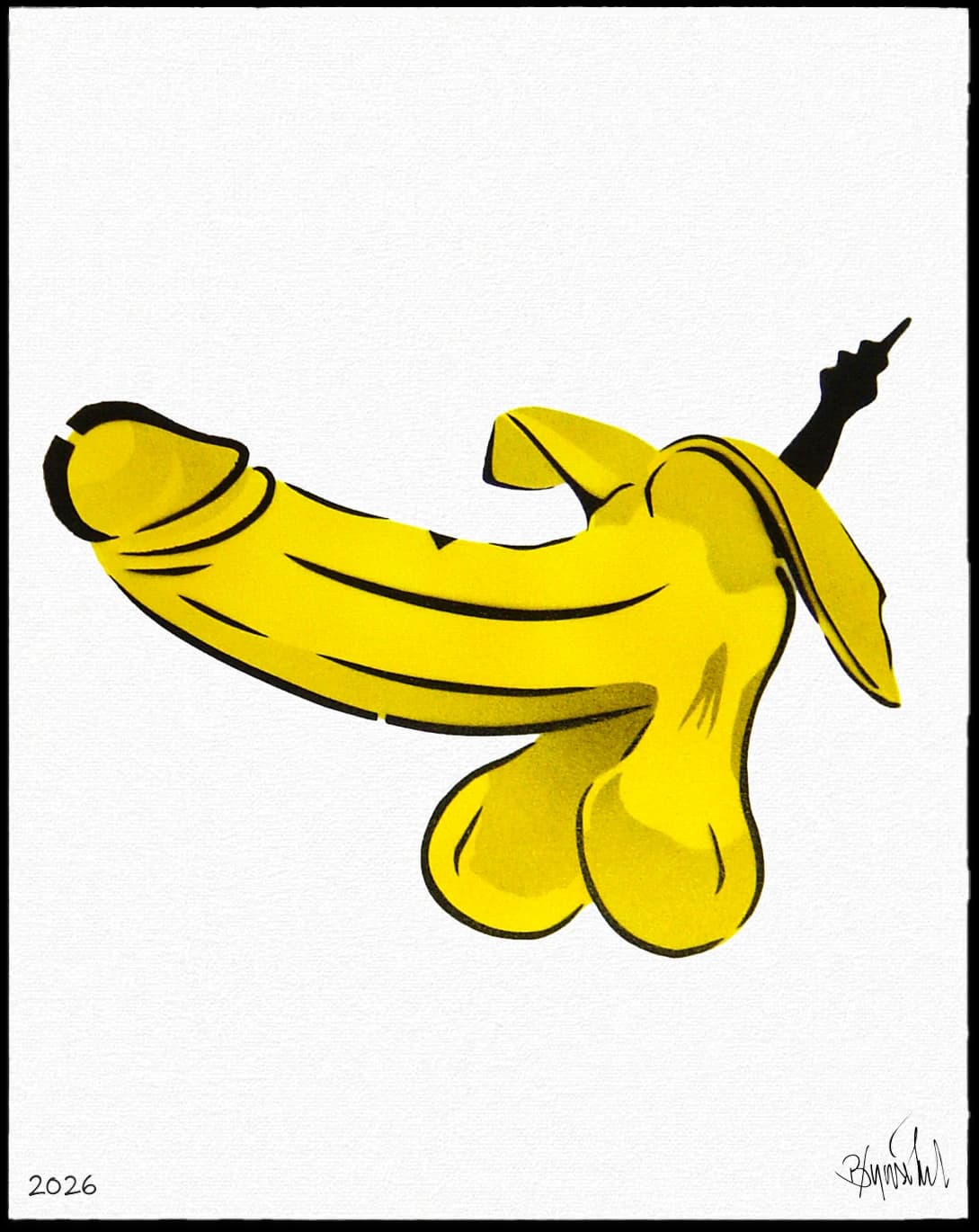 Gelbe Banane in Form eines Körpers mit schwarzem Stiel auf weißem Hintergrund, unten 2026 und Signatur.