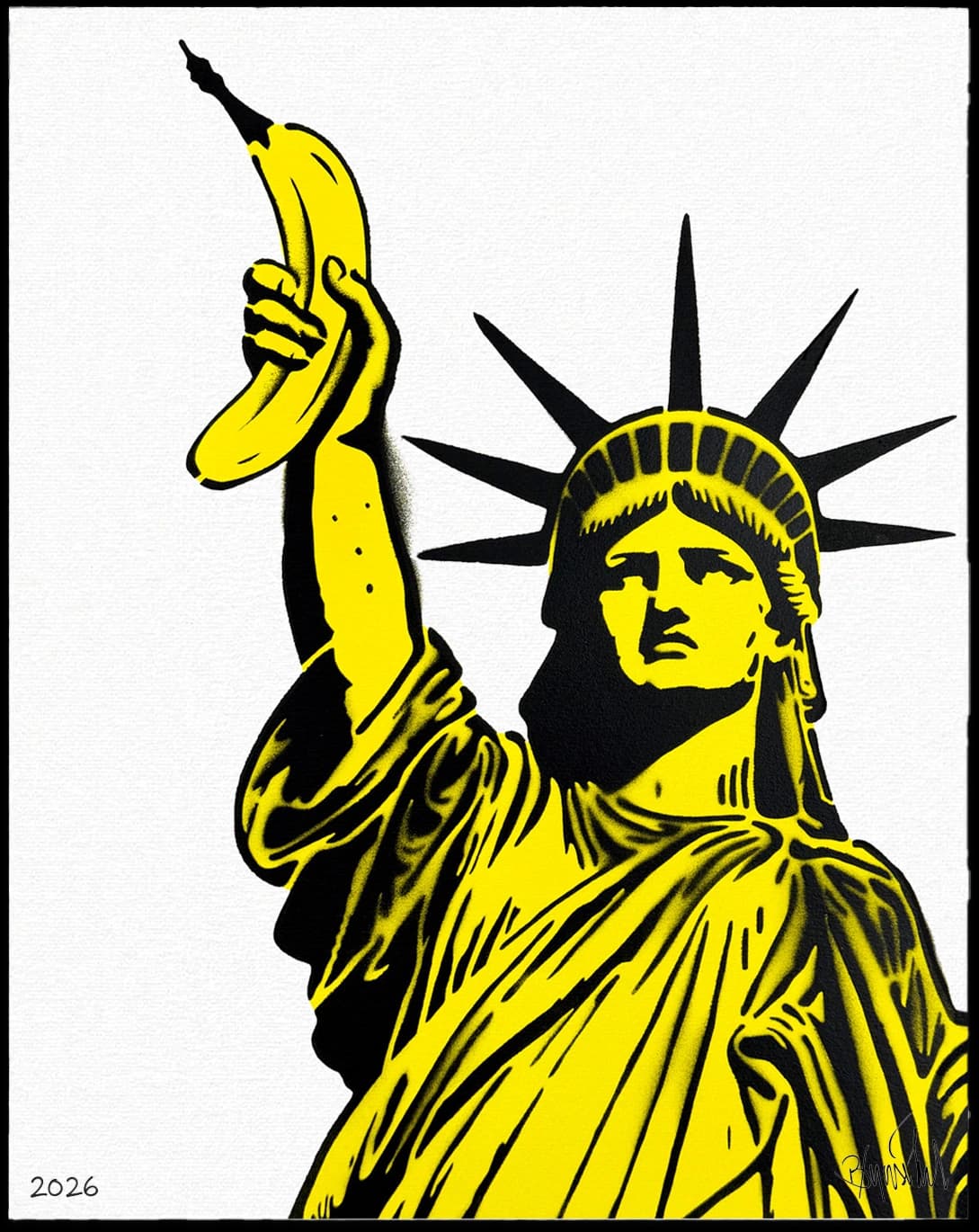 Die Freiheitsstatue hält statt einer Fackel eine gelbe Banane hoch, vor weißem Hintergrund.