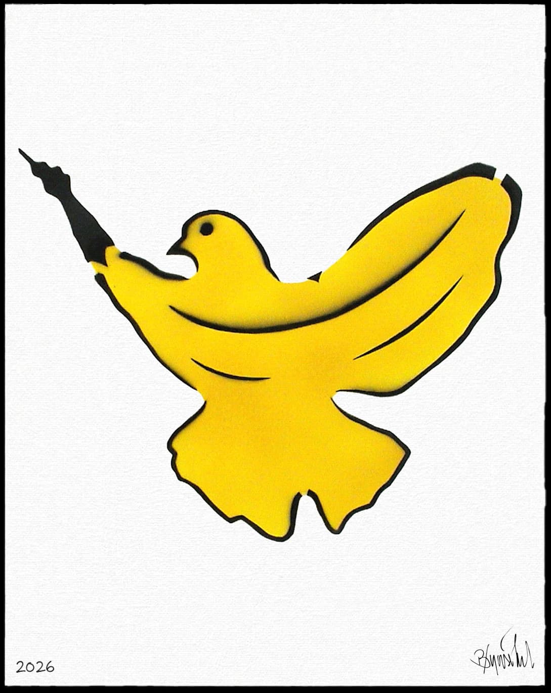 Gelbe Vogel-Silhouette mit erhobenen Flügeln auf weißem Hintergrund, unten links 2026.