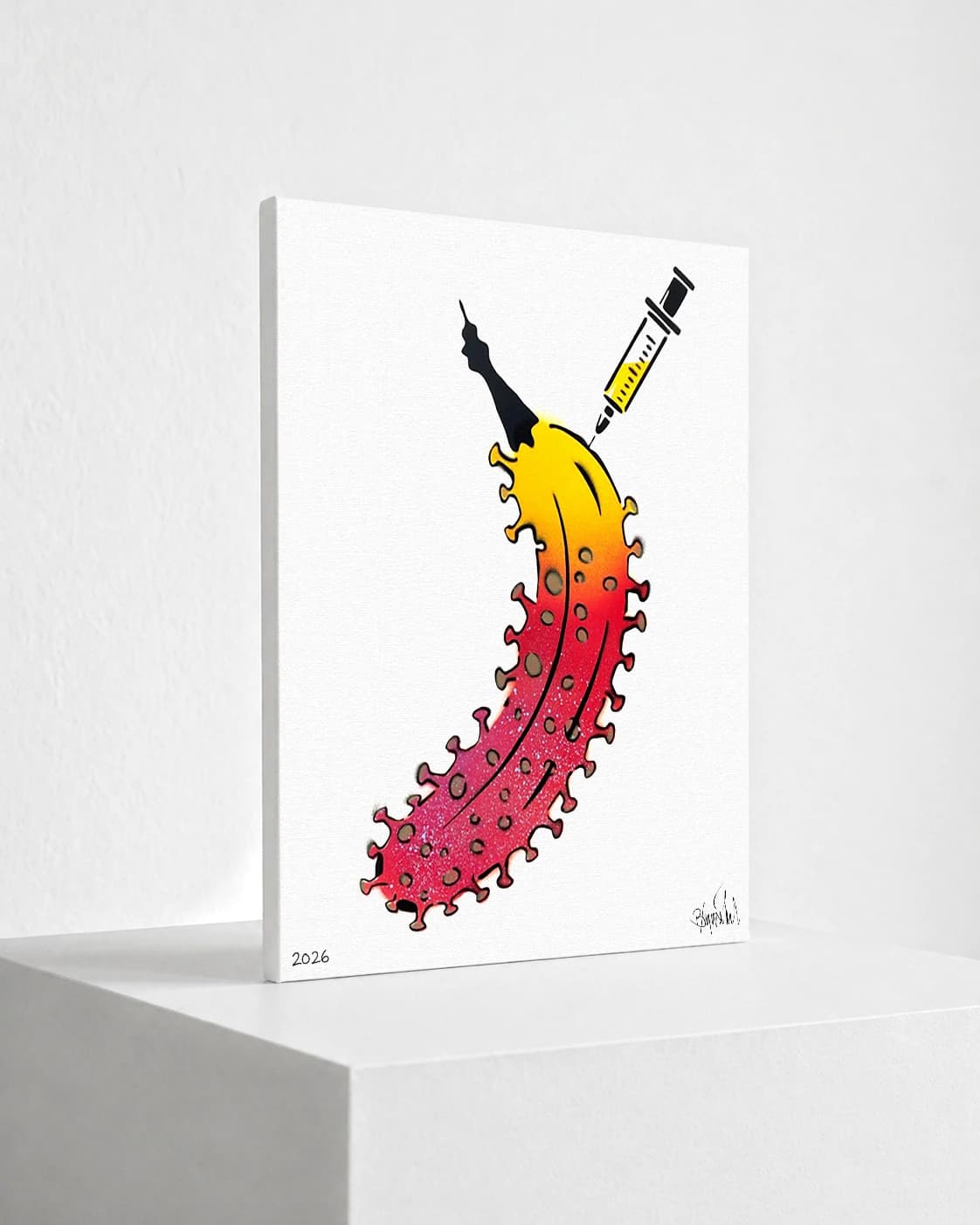 Bunte Banane mit Spritze, auf weißem Hintergrund mit Signatur und der Zahl 2026.