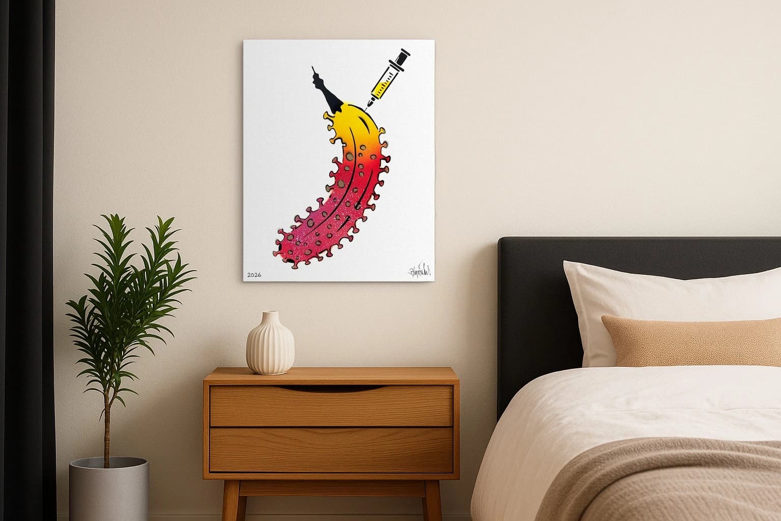 Bunte Banane mit Spritze auf Weiß, Signatur und 2026, als Kunstwerk an der Wand eines Schlafzimmers.