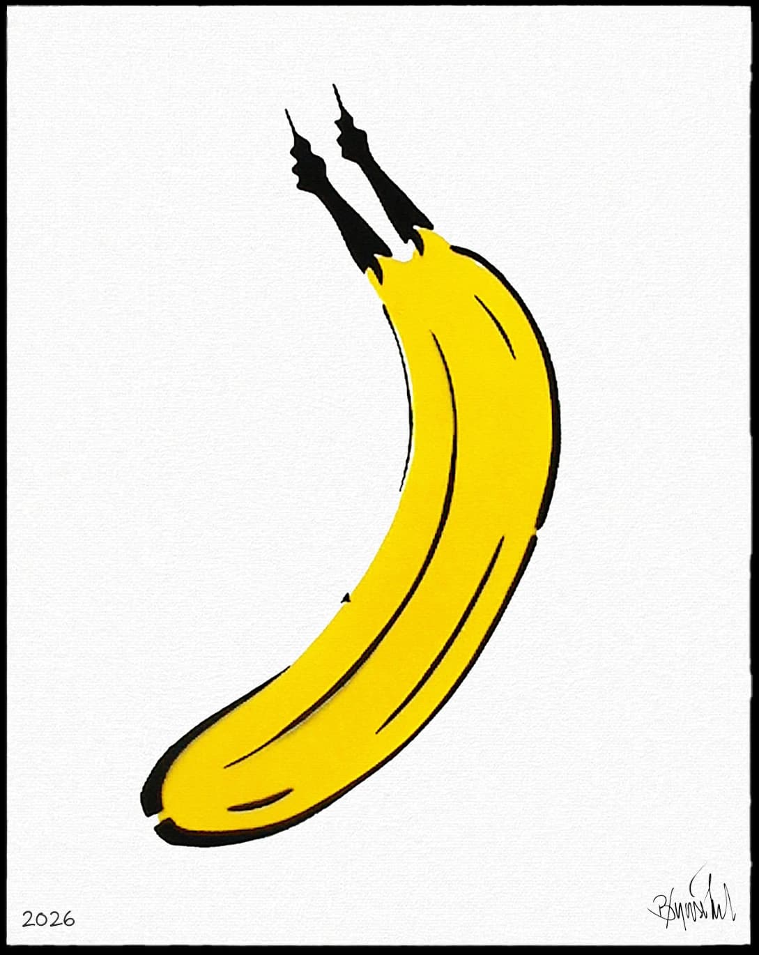 Gelbe Banane mit schwarzer Kontur auf weißem Hintergrund, unten links steht 2026.