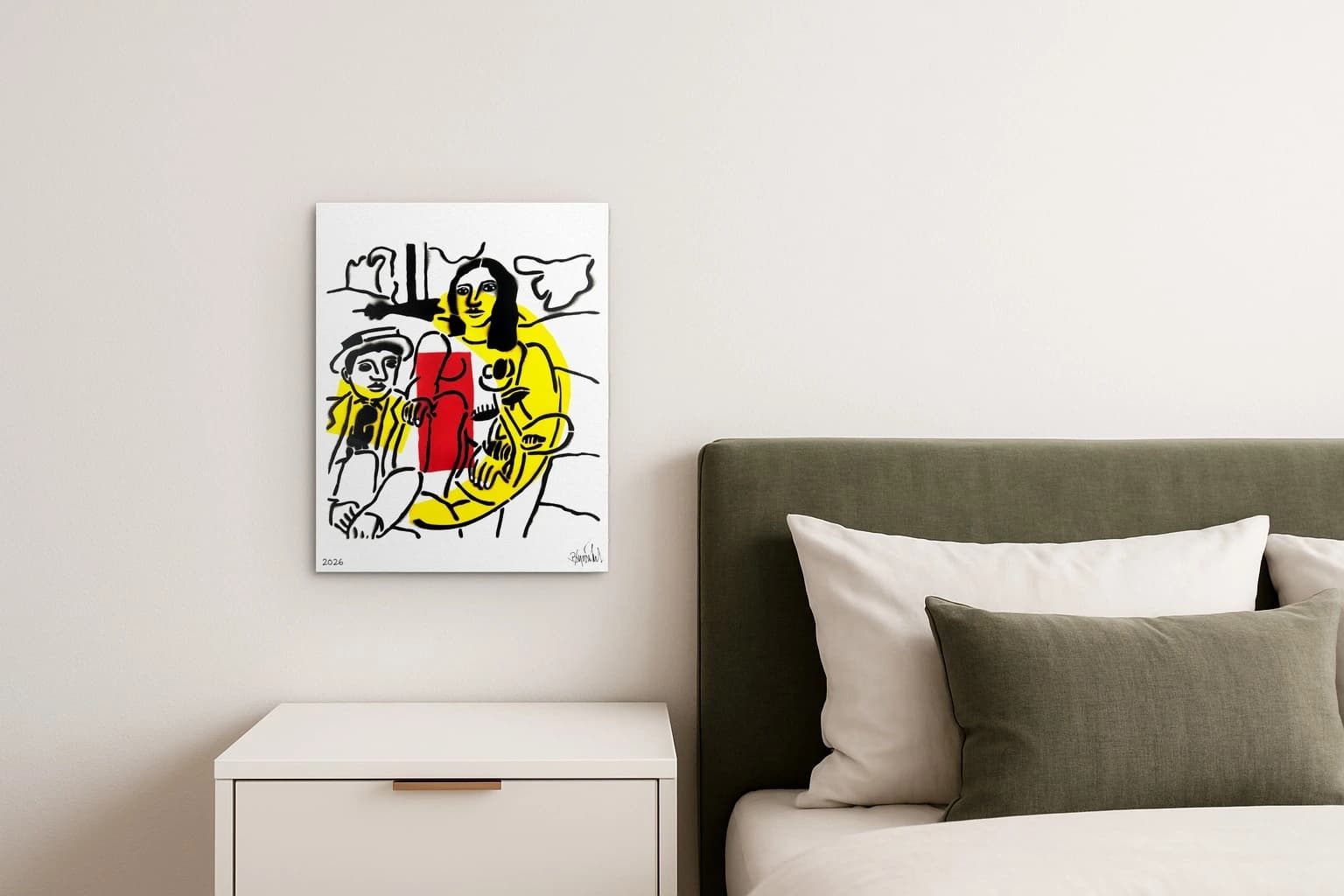 Zwei stilisierte Figuren vor rotem Rechteck auf weißem Grund mit schwarzen Linien und gelben Flächen, als Kunstwerk an der Wand eines Schlafzimmers.