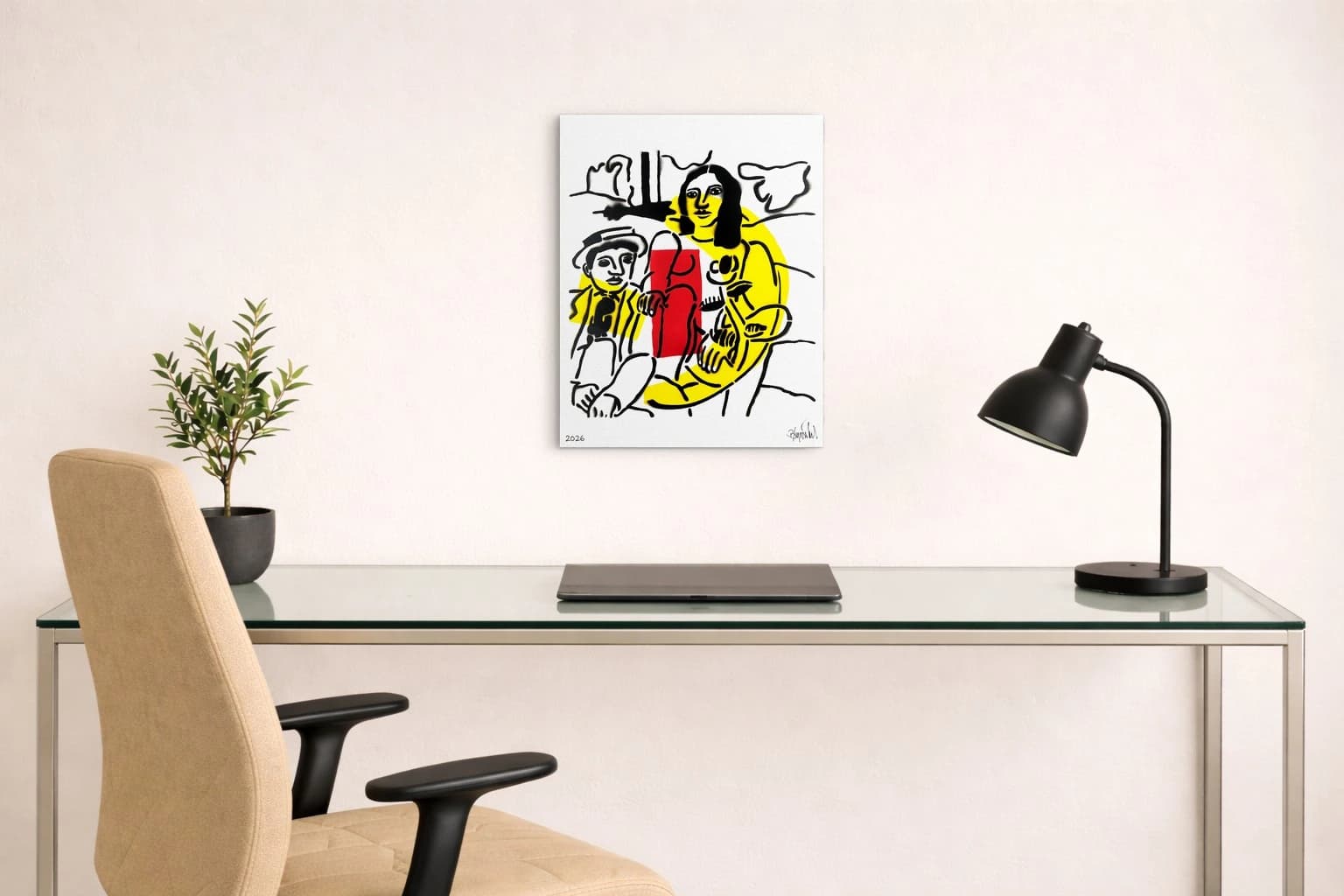 Zwei stilisierte Figuren vor rotem Rechteck auf weißem Grund mit schwarzen Linien und gelben Flächen, als Kunstwerk an der Wand eines hellen Raums.