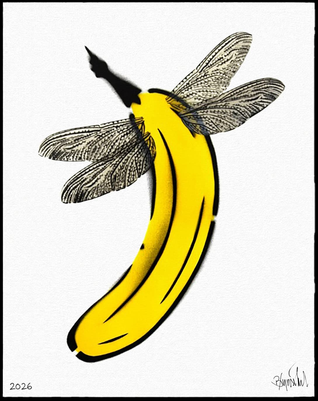Gelbe Banane mit schwarzen Flügeln auf weißem Hintergrund, unten links 2026 und unten rechts Signatur.