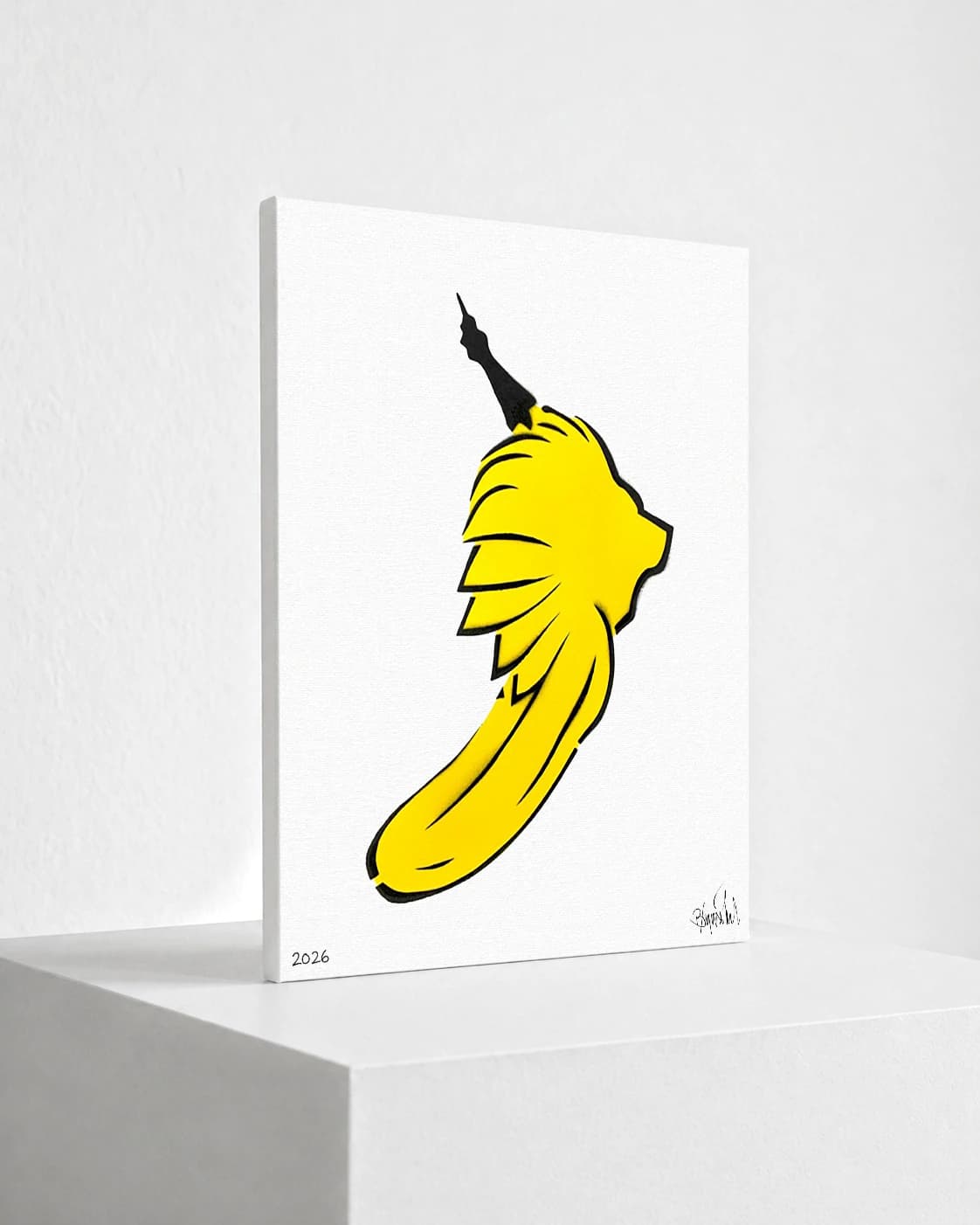 Gelbe Bananenform mit schwarzer Kontur auf weißem Hintergrund, oben ein schwarzer Stiel.