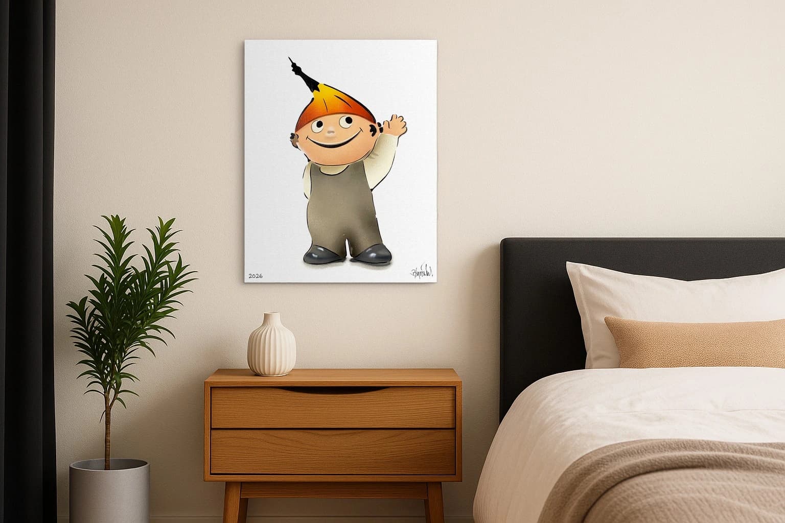 Cartoonfigur mit orangefarbener Zipfelmütze winkt vor weißem Hintergrund, unten steht 2026, als Kunstwerk an der Wand eines Schlafzimmers.