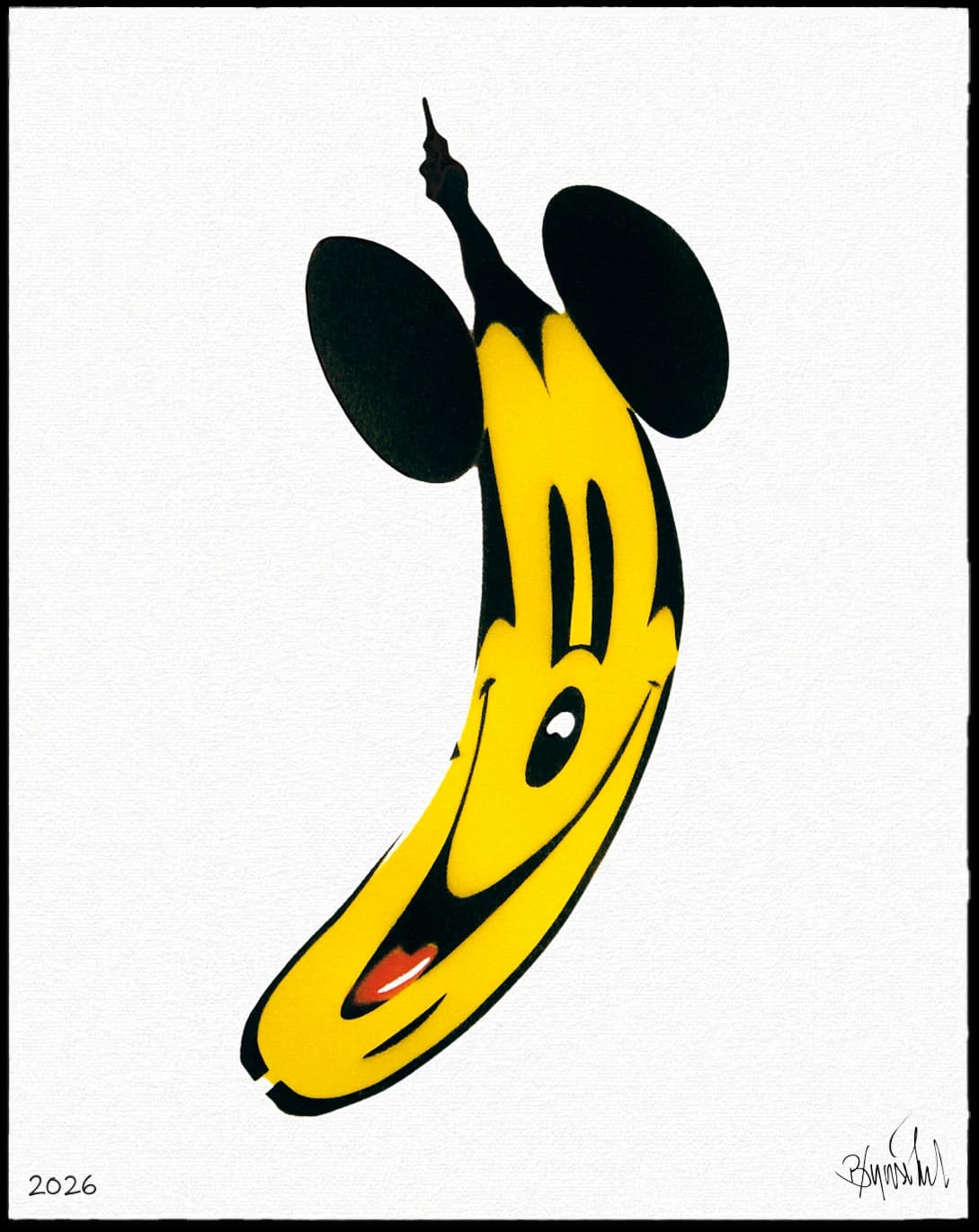 Gelb-schwarzer Mickey-Mouse-Kopf auf weißem Hintergrund, mit 2026 unten links und Signatur unten rechts.