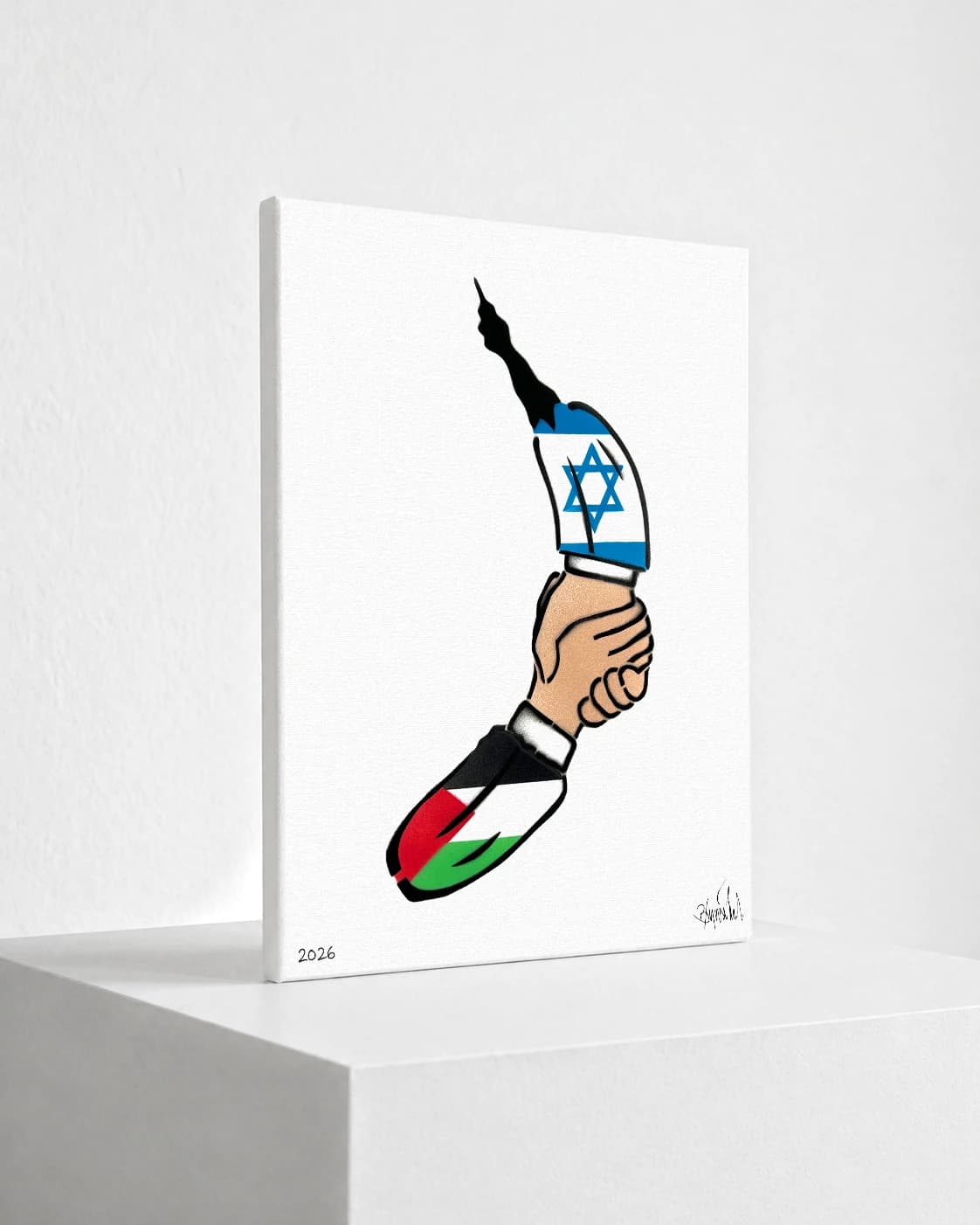 Eine Hand hält ein Messer mit Israel- und Palästinafarben vor weißem Hintergrund mit 2026 unten links.