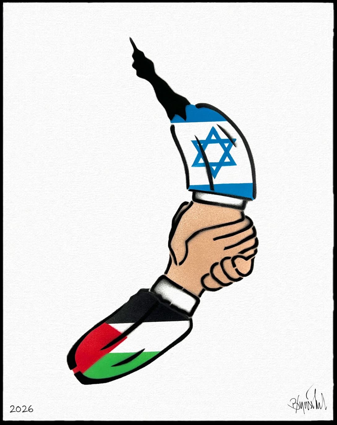 Eine Hand hält ein Messer mit Israel- und Palästinafarben vor weißem Hintergrund mit 2026 unten links.