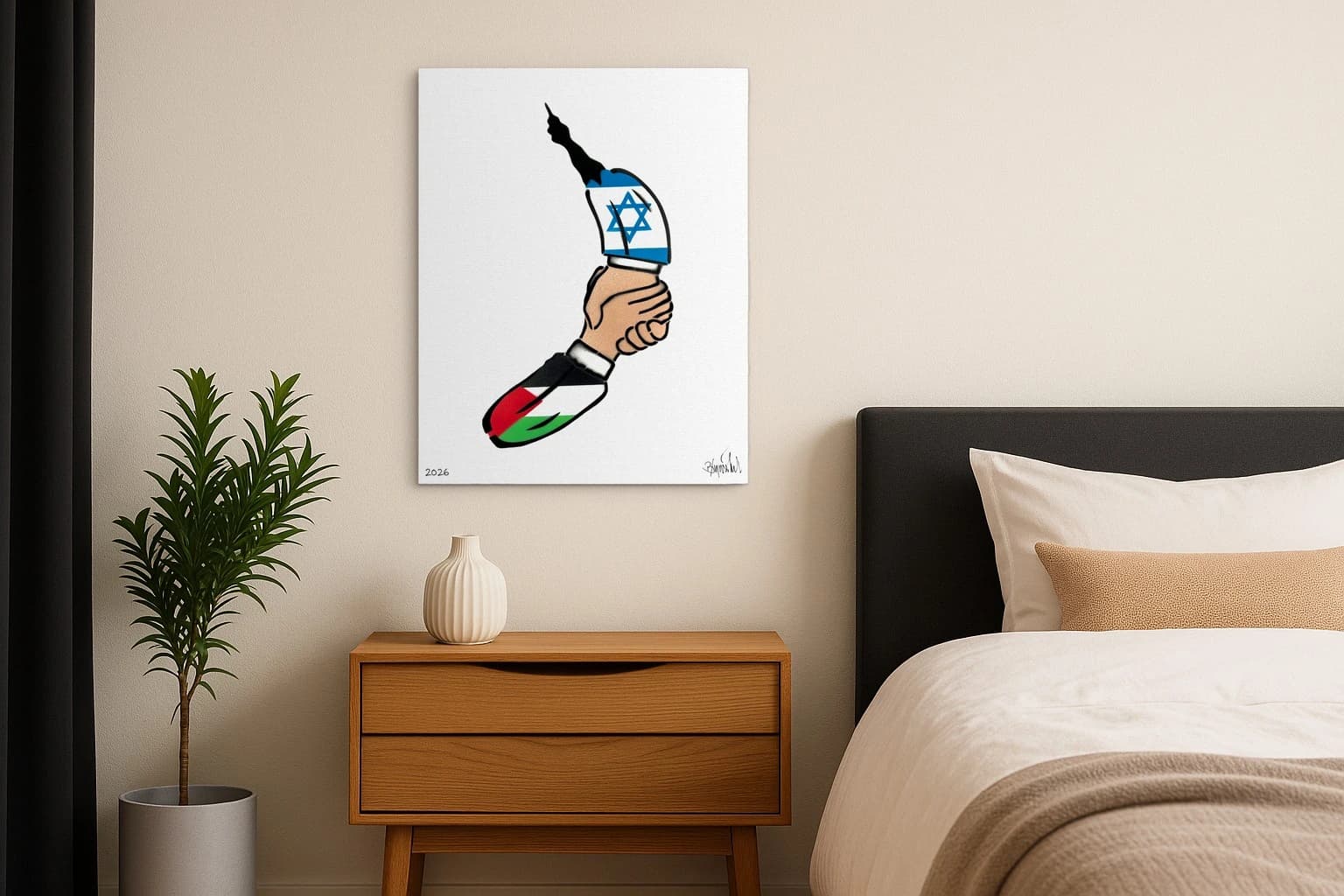 Eine Hand hält ein Messer mit Israel- und Palästinafarben vor weißem Hintergrund mit 2026 unten links, als Kunstwerk an der Wand eines Schlafzimmers.