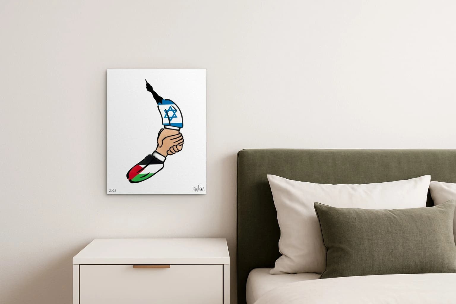 Eine Hand hält ein Messer vor weißem Hintergrund mit Israel- und Palästinafarben und 2026 unten links, als Kunstwerk an der Wand eines Schlafzimmers.