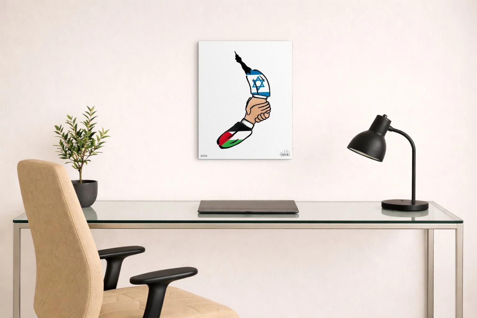 Eine Hand hält ein Messer mit Israel- und Palästinafarben vor weißem Hintergrund und 2026 unten links, als Kunstwerk an der Wand eines Raums.