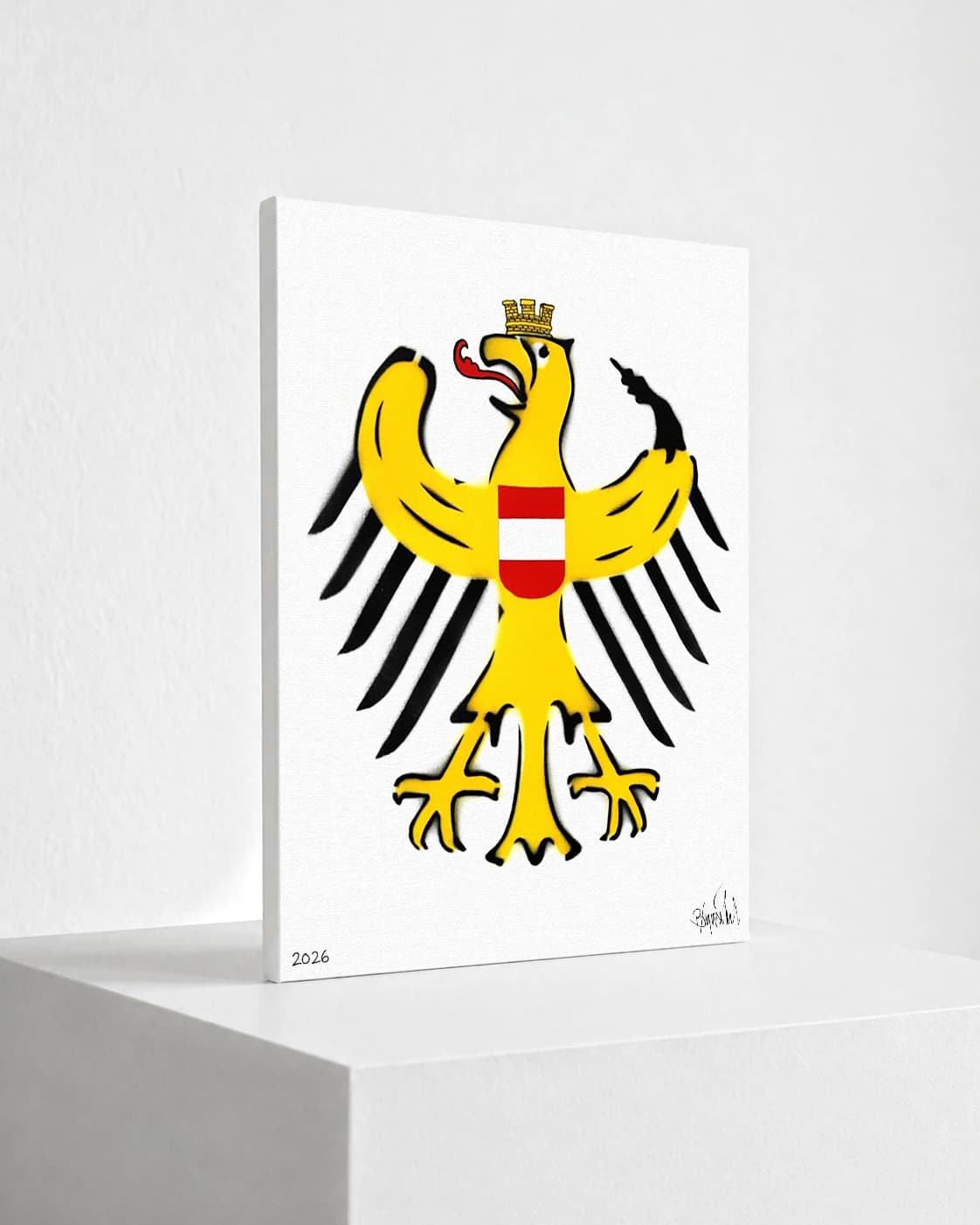 Gelber Adler mit roter Zunge, Krone und rot-weißem Schild auf weißem Hintergrund.