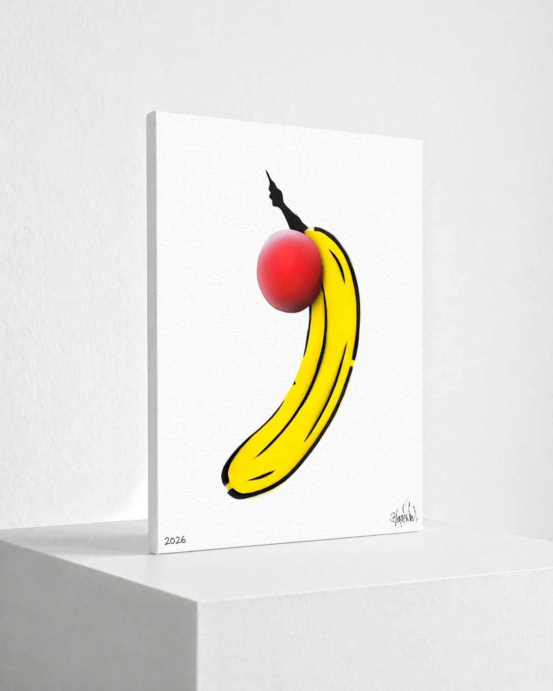 Gelbe Banane mit rotem Ball und schwarzem Stiel auf weißem Hintergrund, unten Jahreszahl und Signatur.