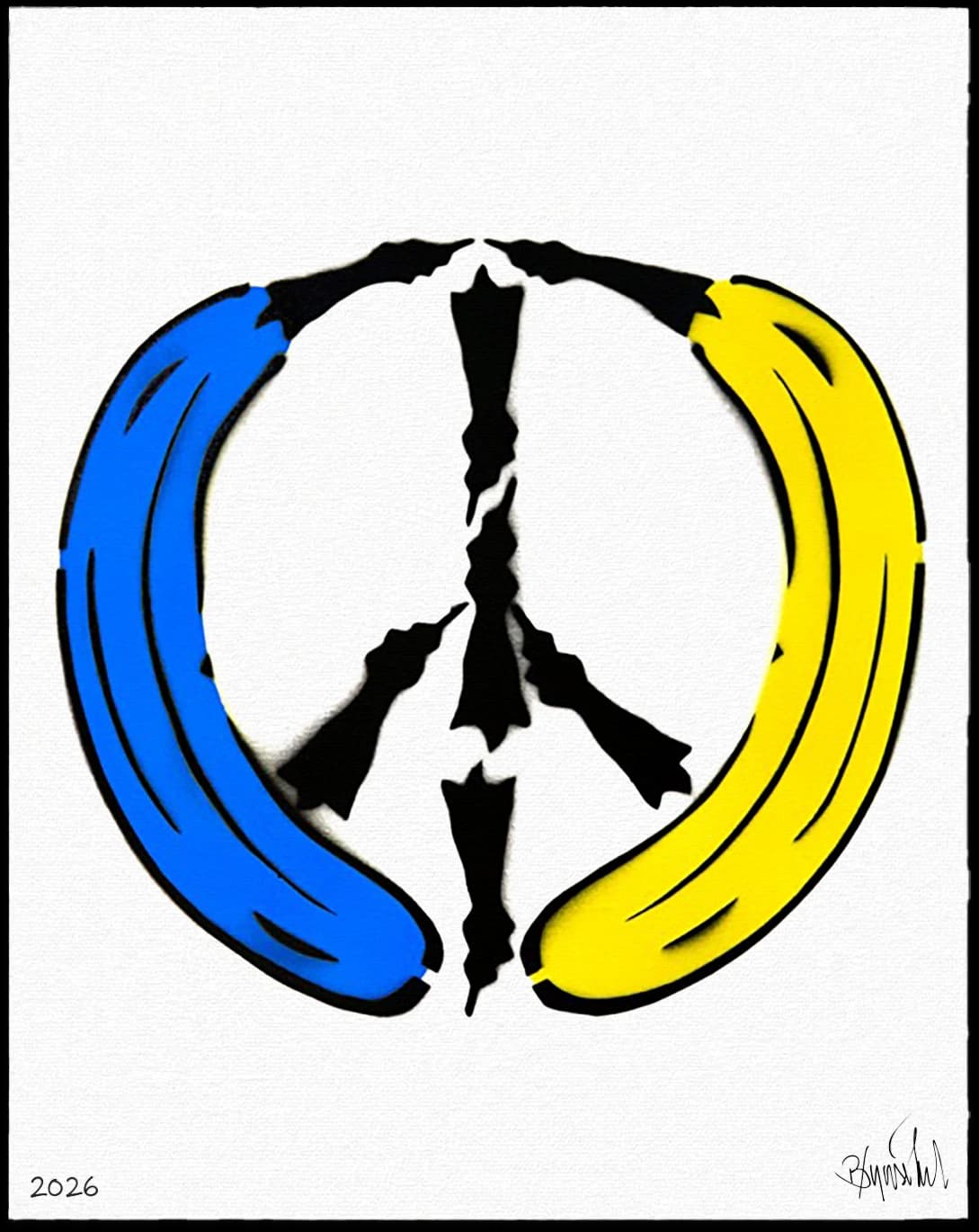 Blauer und gelber Kreis mit schwarzem Peace-Zeichen auf weißem Hintergrund, unten 2026 und Signatur.
