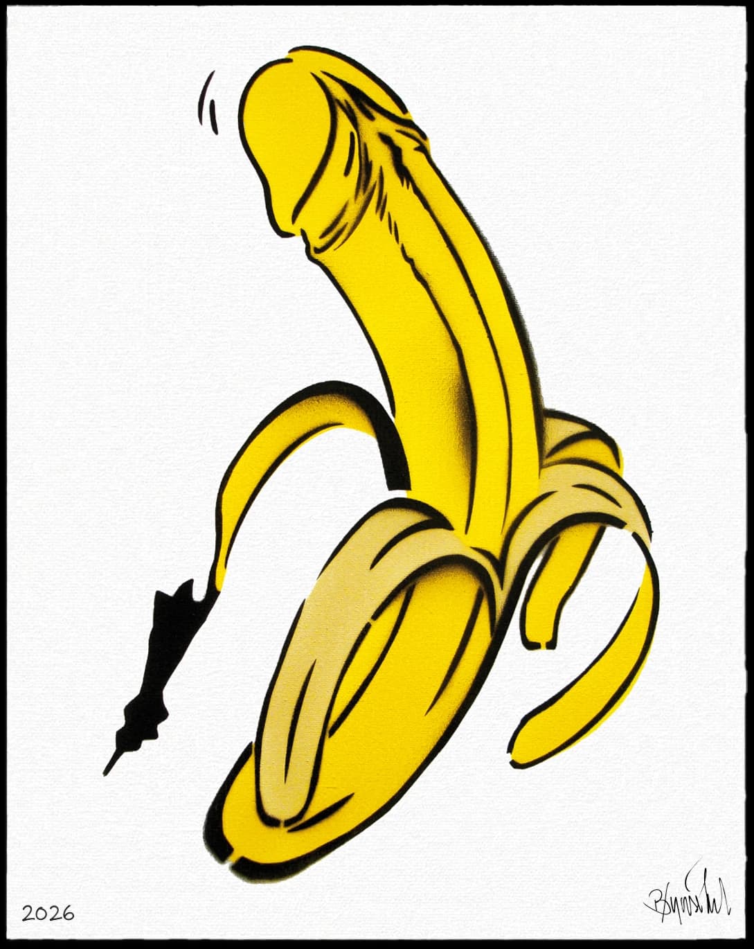 Gelbe geschälte Banane mit schwarzer Kontur auf weißem Hintergrund, unten links 2026 und Signatur rechts unten.