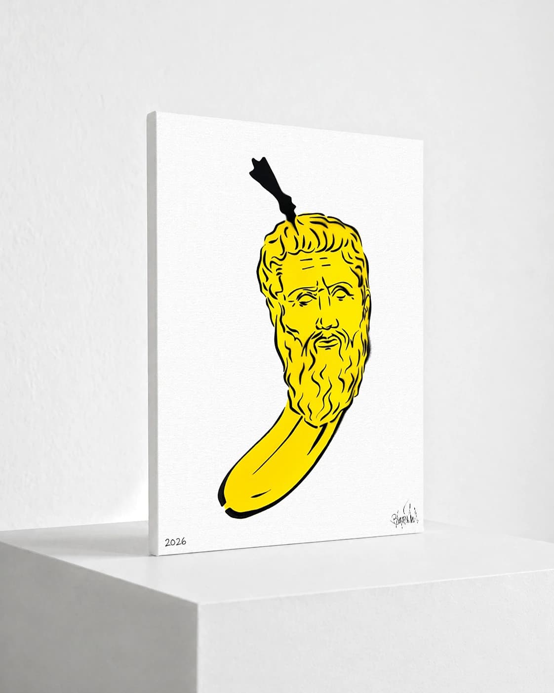 Gelbe Banane mit einem gezeichneten Männerkopf und Bart auf weißem Grund.
