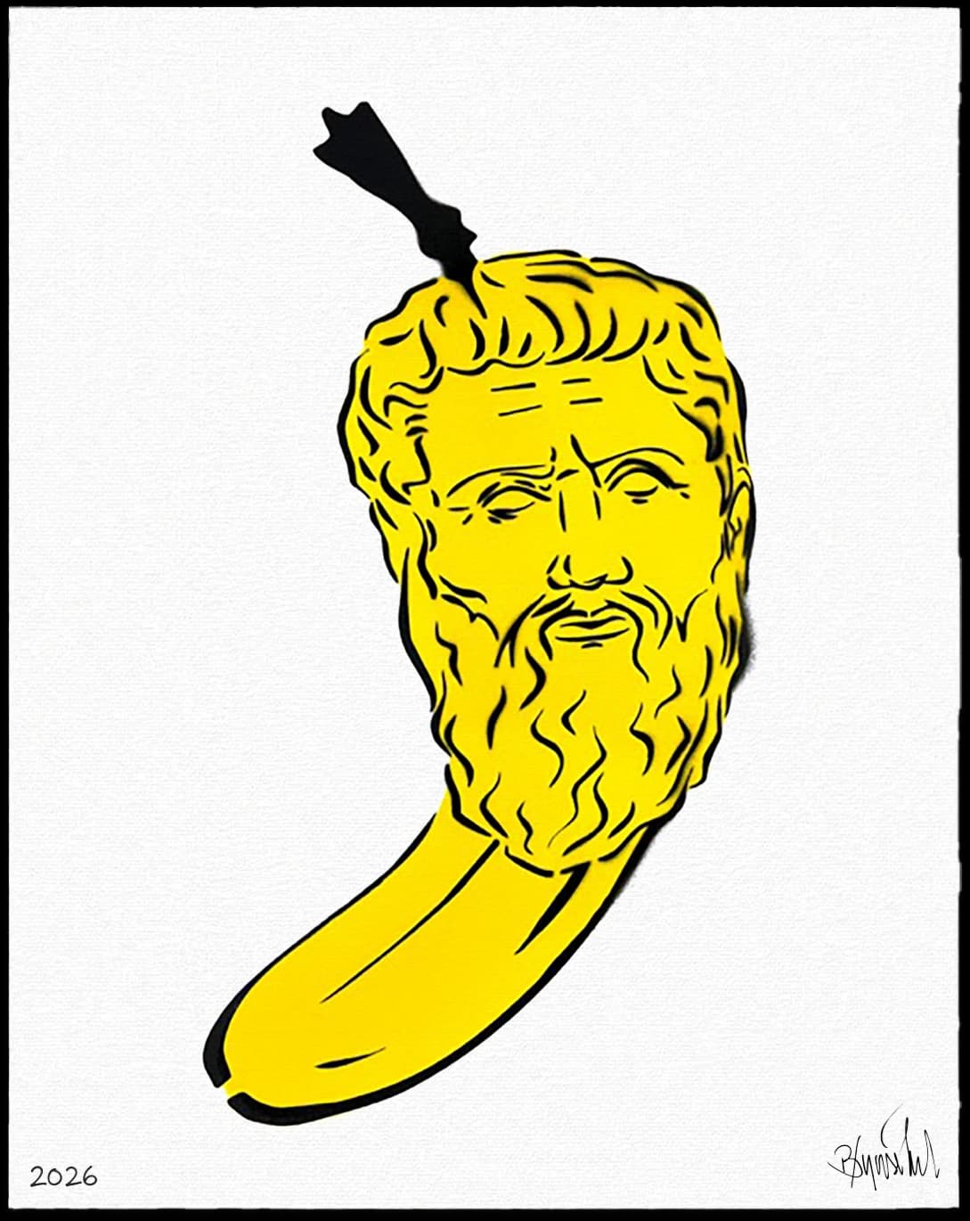 Gelbe Banane mit einem gezeichneten Männerkopf und Bart auf weißem Grund.