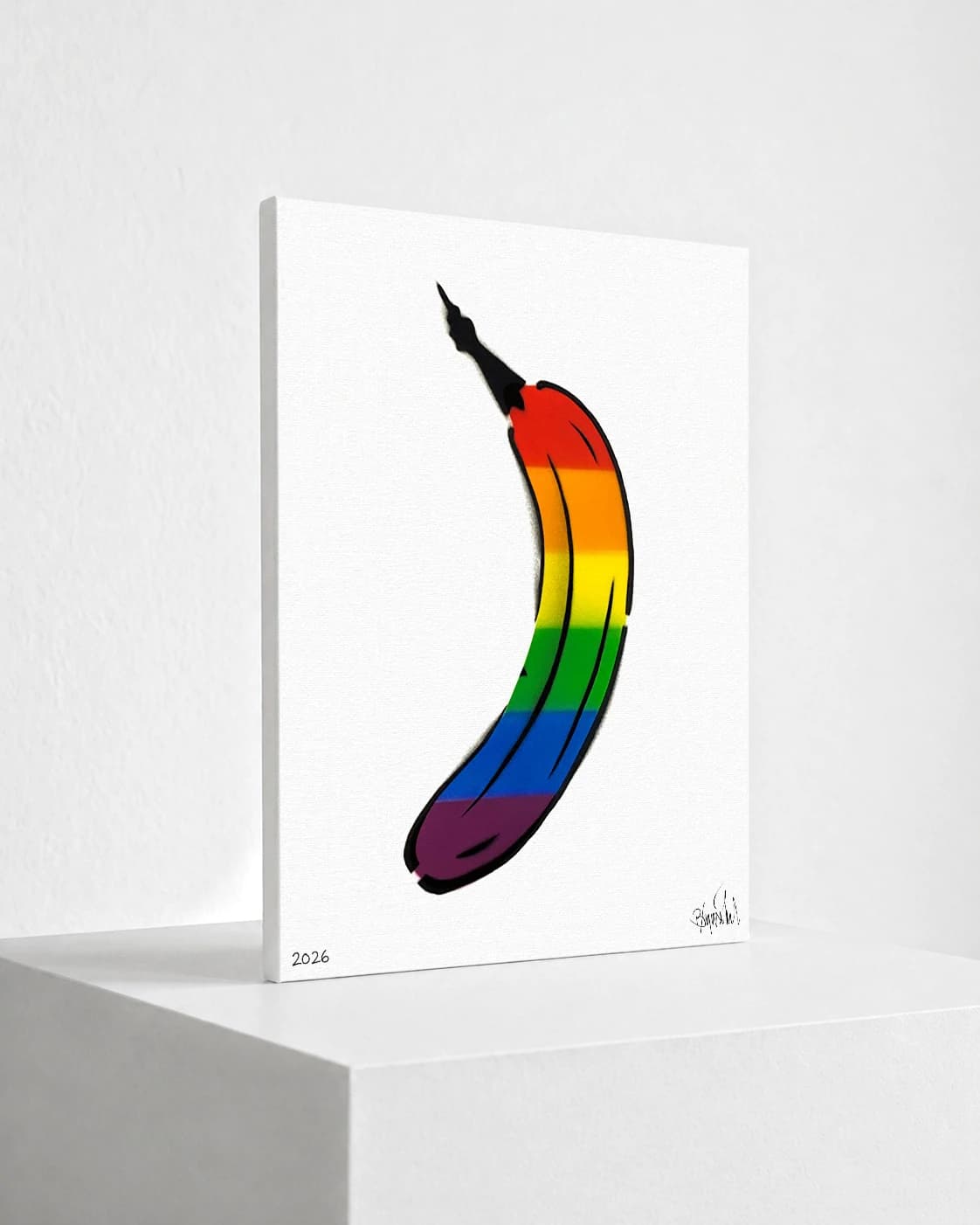 Bunte Banane mit Regenbogenstreifen auf weißem Hintergrund, unten links 2026 und rechts eine Signatur.