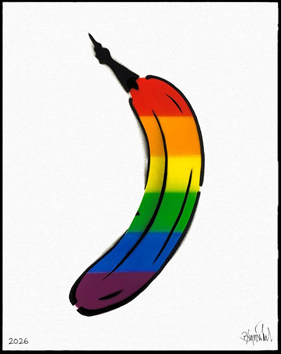 Bunte Banane mit Regenbogenstreifen auf weißem Hintergrund, unten links 2026 und rechts eine Signatur.