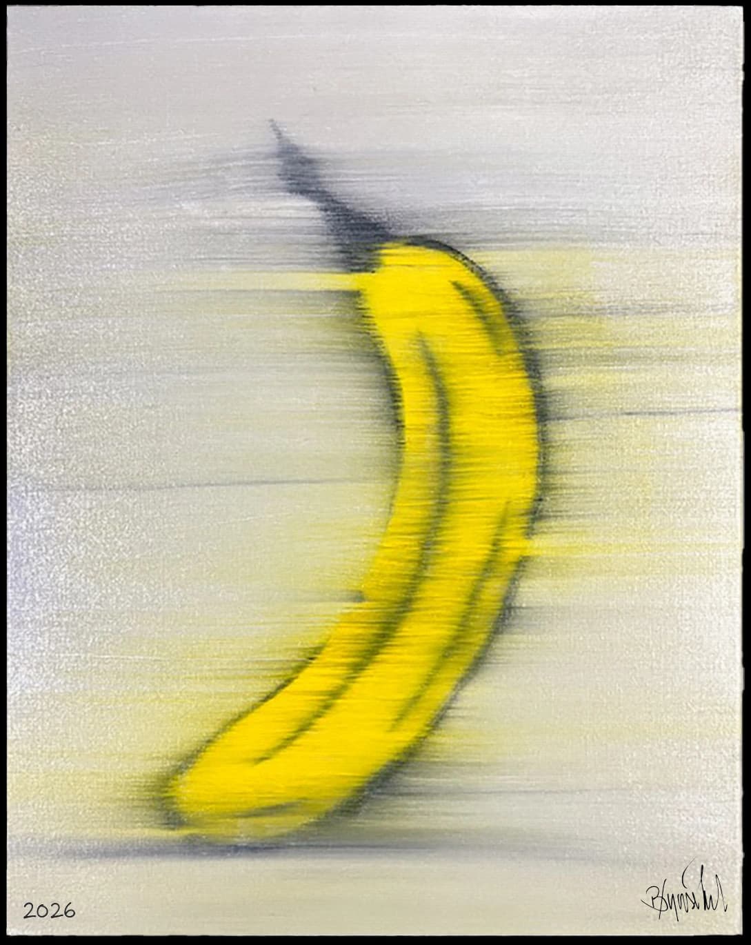 Gelbe Banane mit schwarzer Kontur auf hellem Hintergrund, unten links 2026 und unten rechts Signatur.