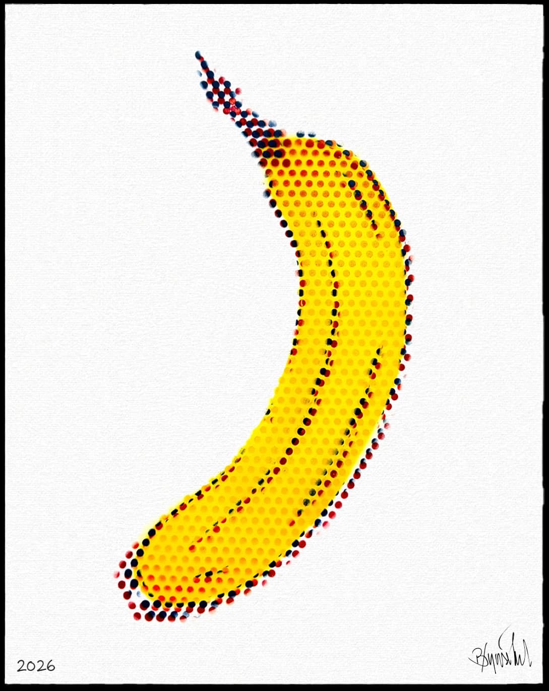 Gelbe Banane aus roten und blauen Punkten auf weißem Hintergrund mit Signatur und 2026.