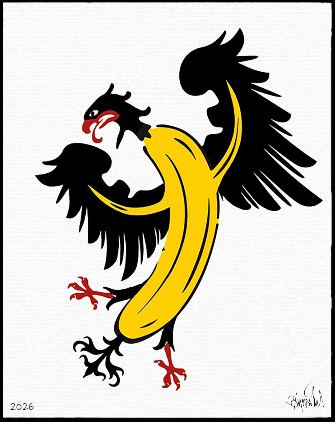 Schwarzer Greif mit gelbem Körper auf weißem Hintergrund, unten links die Zahl 2026 und unten rechts eine Signatur.