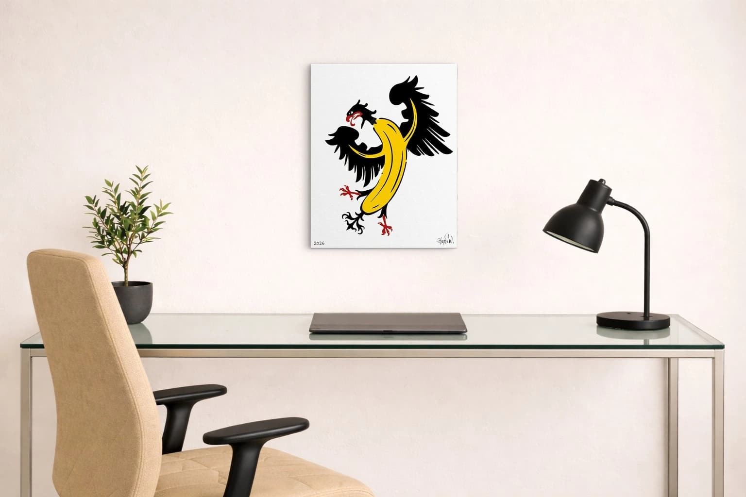 Schwarzer Greif mit gelbem Körper auf weißem Hintergrund, unten links 2026 und unten rechts Signatur, als Kunstwerk an der Wand eines hellen Arbeitszimmers.