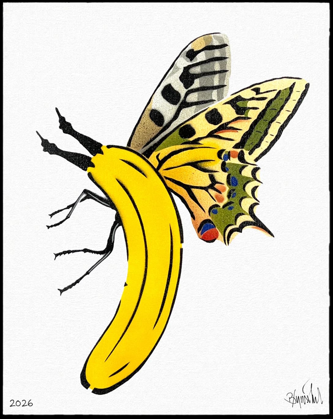 Gelbe Banane mit Schmetterlingsflügeln auf weißem Hintergrund, unten links 2026 und unten rechts eine Signatur.