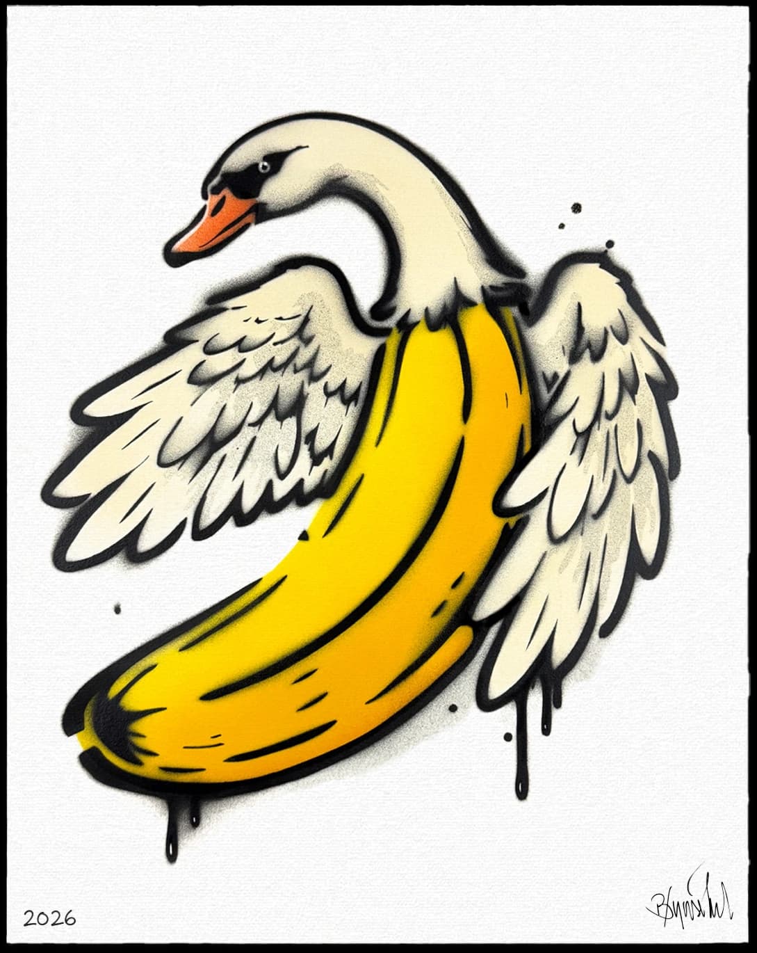 Ein weißer Schwan mit ausgebreiteten Flügeln hat einen großen gelben Bananenkörper vor weißem Hintergrund.