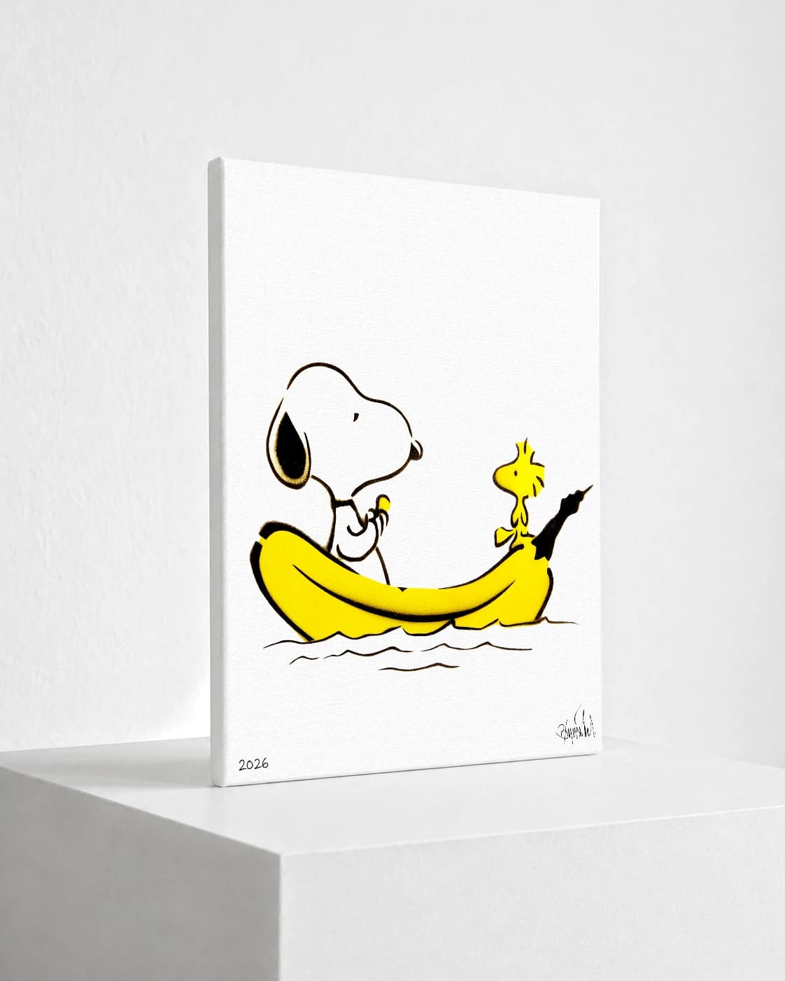 Snoopy liegt in einem gelben Boot, daneben steht Woodstock, auf weißem Hintergrund mit 2026 unten links.