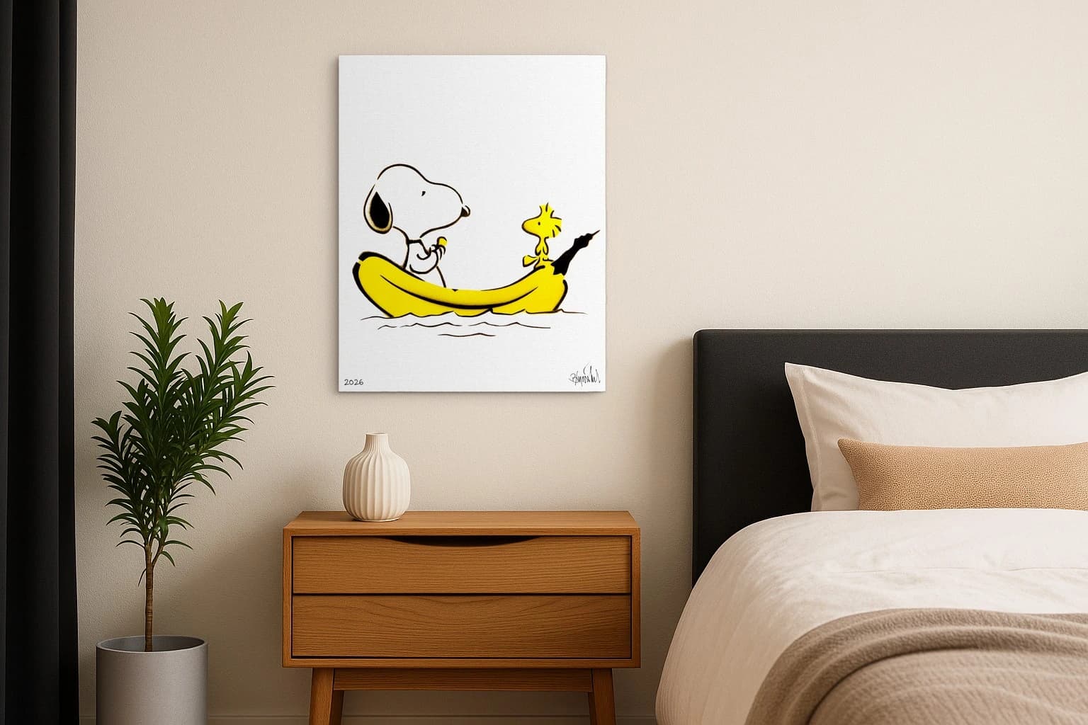 Snoopy liegt in einem gelben Boot, Woodstock steht daneben, auf weißem Hintergrund mit 2026, als Kunstwerk an der Wand eines Schlafzimmers.