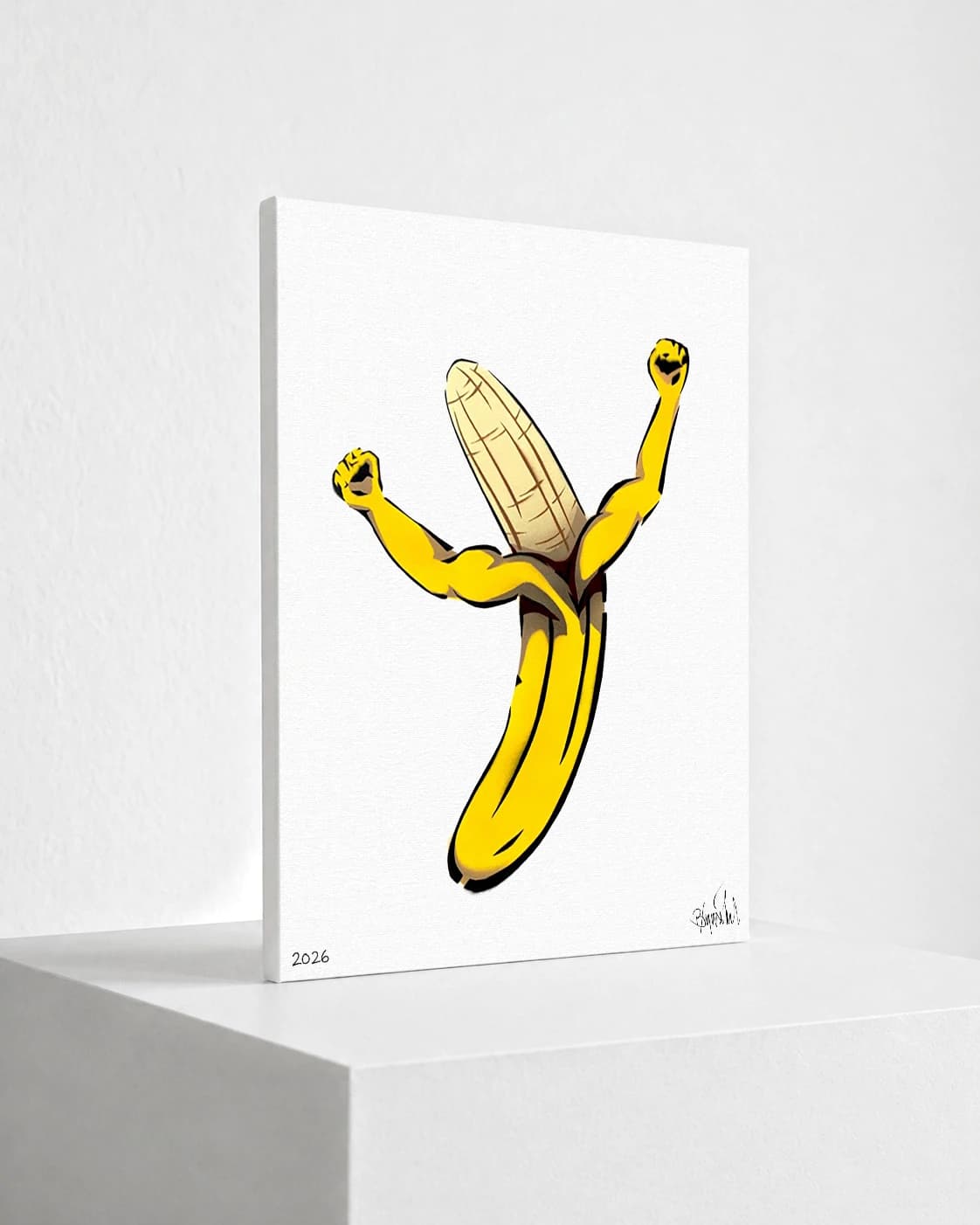 Gelbe Banane mit zwei erhobenen Armen auf weißem Papier, unten links 2026 und rechts eine Signatur.