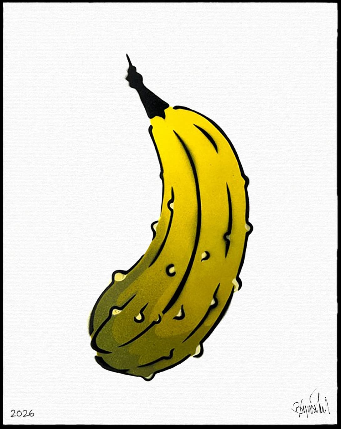 Gelbe Banane mit schwarzem Stiel auf weißem Papier, unten links 2026 und unten rechts Signatur.