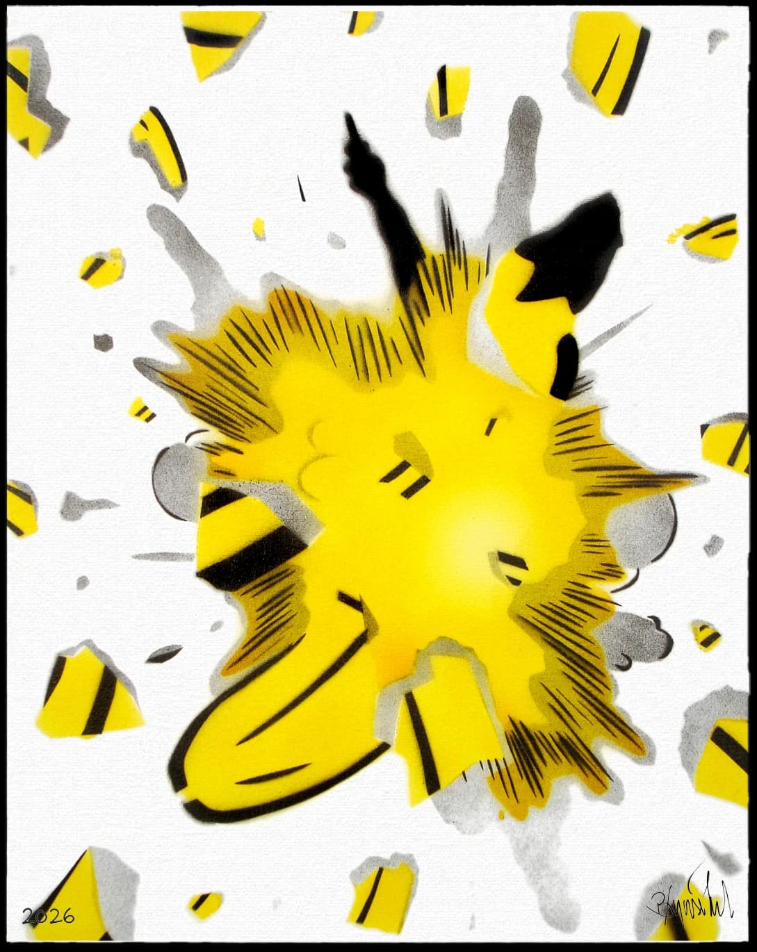 Gelber Farbspritzer mit schwarzen Linien auf weißem Grund, umgeben von kleinen gelben und grauen Fragmenten.
