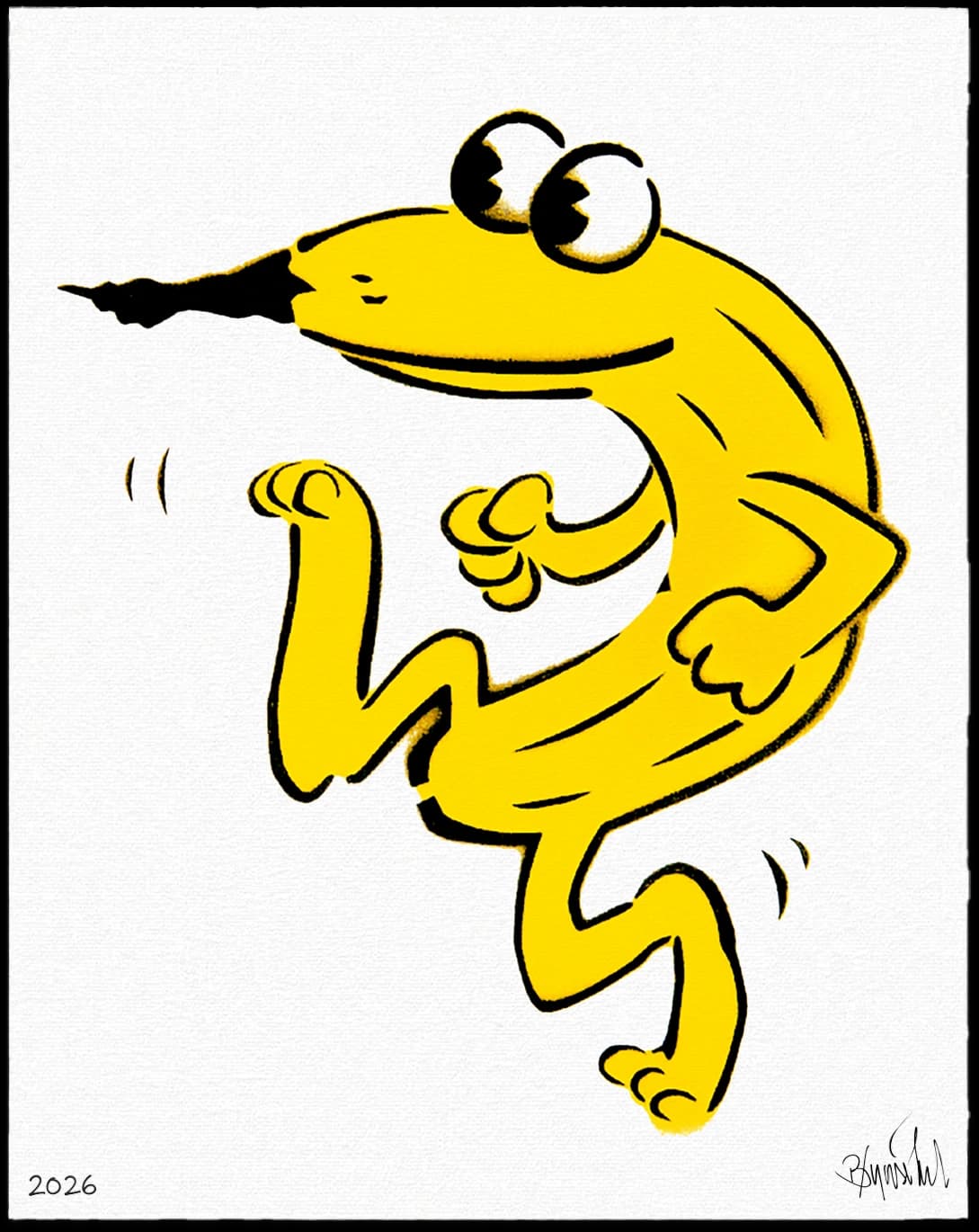 Gelbe Cartoon-Figur eines hüpfenden Hunds mit langem Schnabel auf weißem Hintergrund, unten Signatur und 2026.