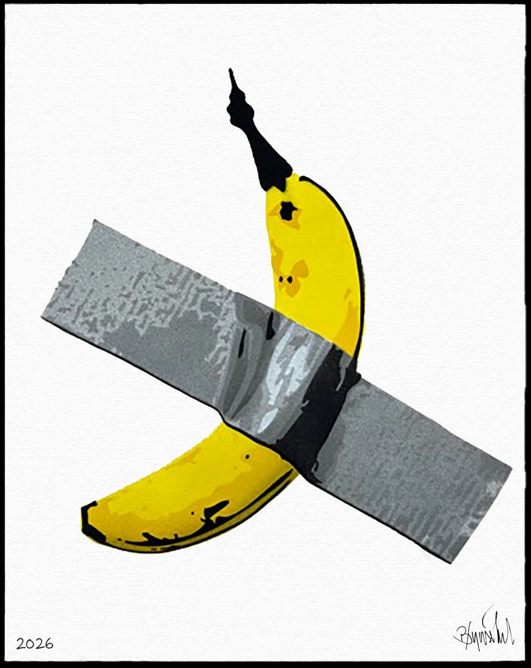Gelbe Banane mit schwarzer Spitze unter einem grauen Klebestreifen auf weißem Grund, unten steht 2026.