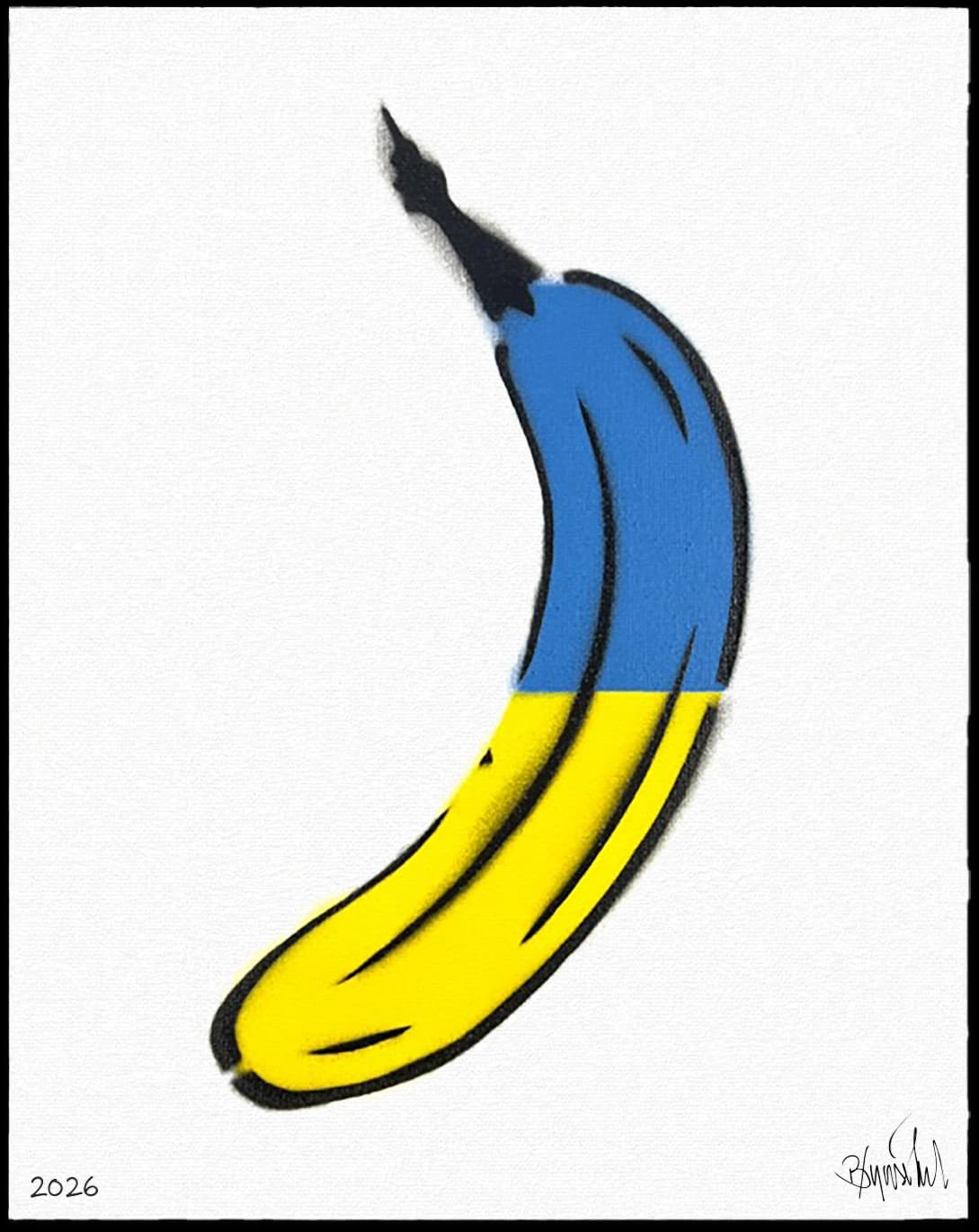 Gelbe Banane mit blauem oberen Teil auf weißem Hintergrund, unten links 2026.