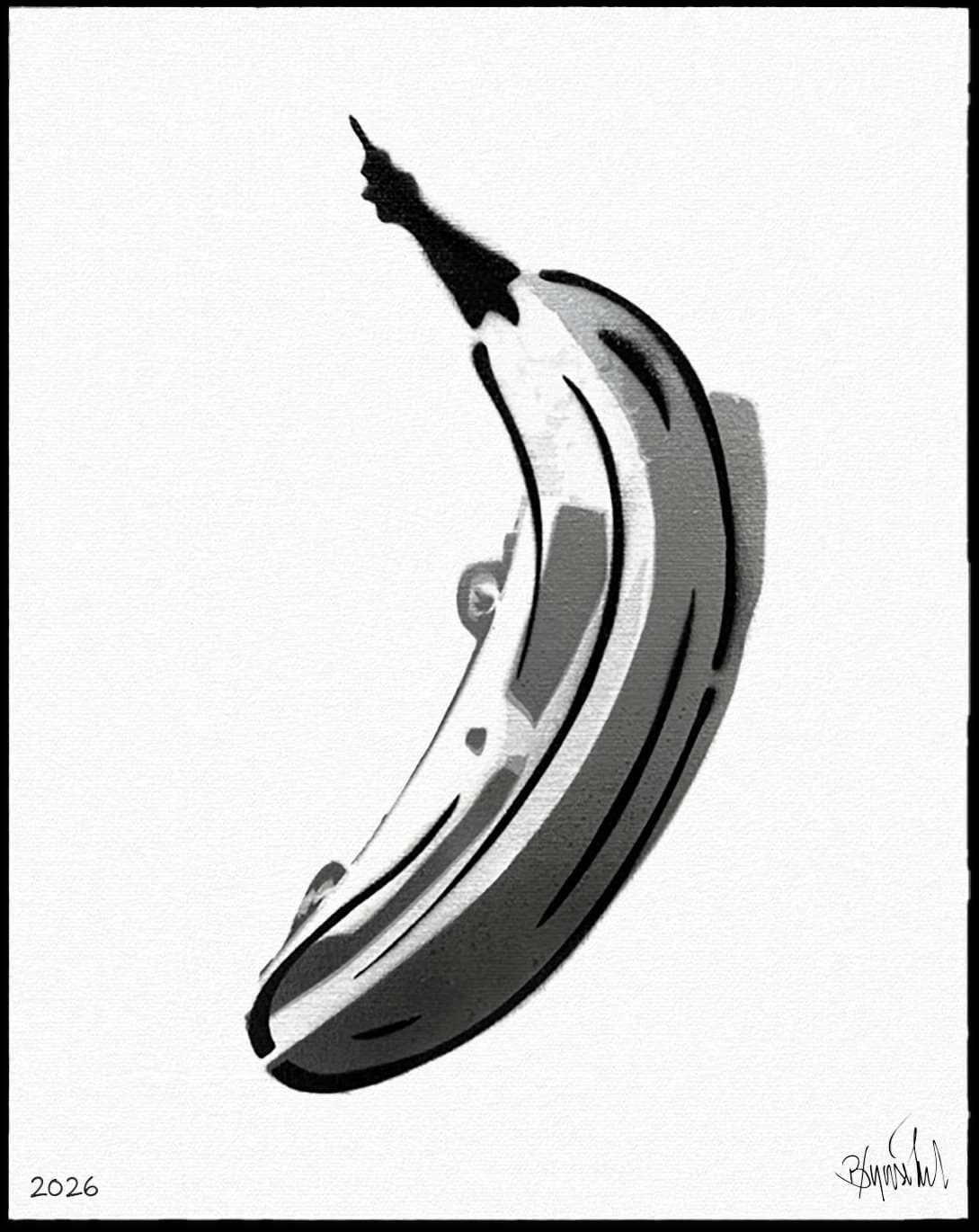 Schwarzweiße Banane auf weißem Grund, unten links steht 2026, unten rechts eine Signatur.