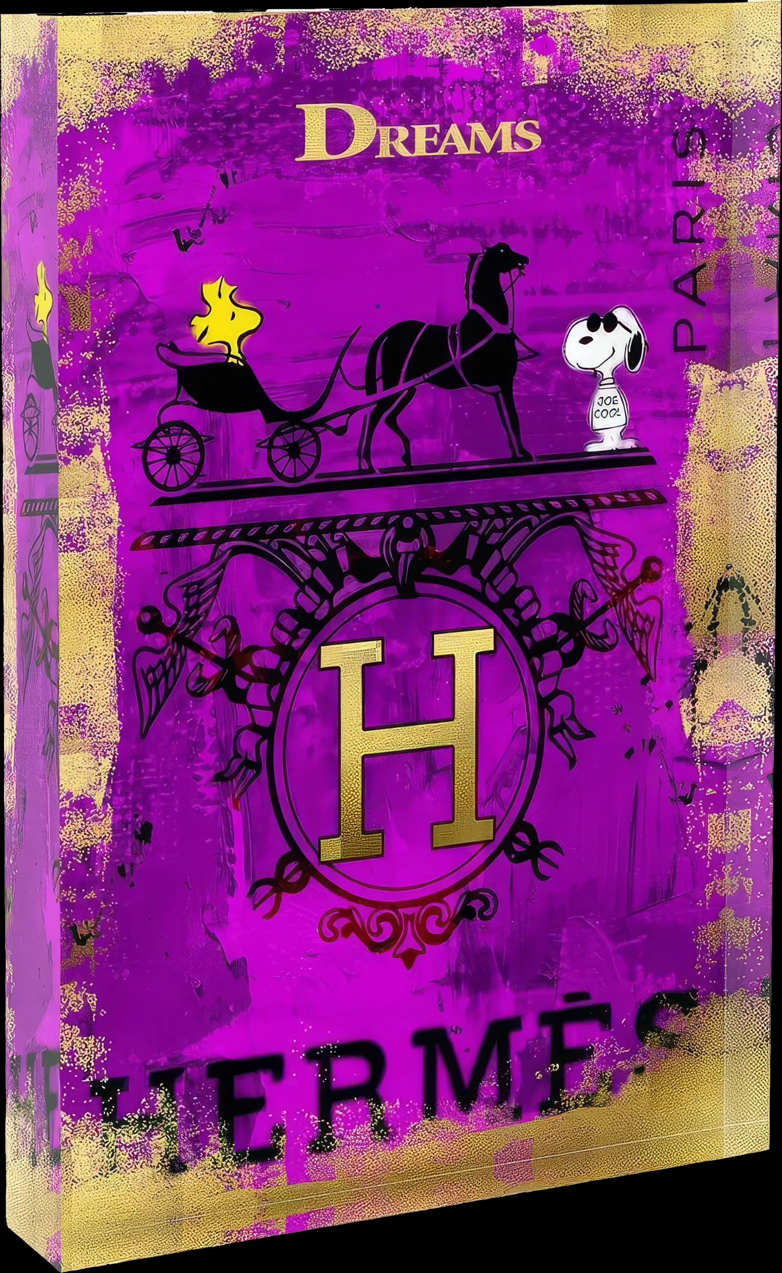 Lila Buchcover mit Pferdekutsche, großem H, Schriftzug Dreams und Hermes vor goldfarbenem Rand