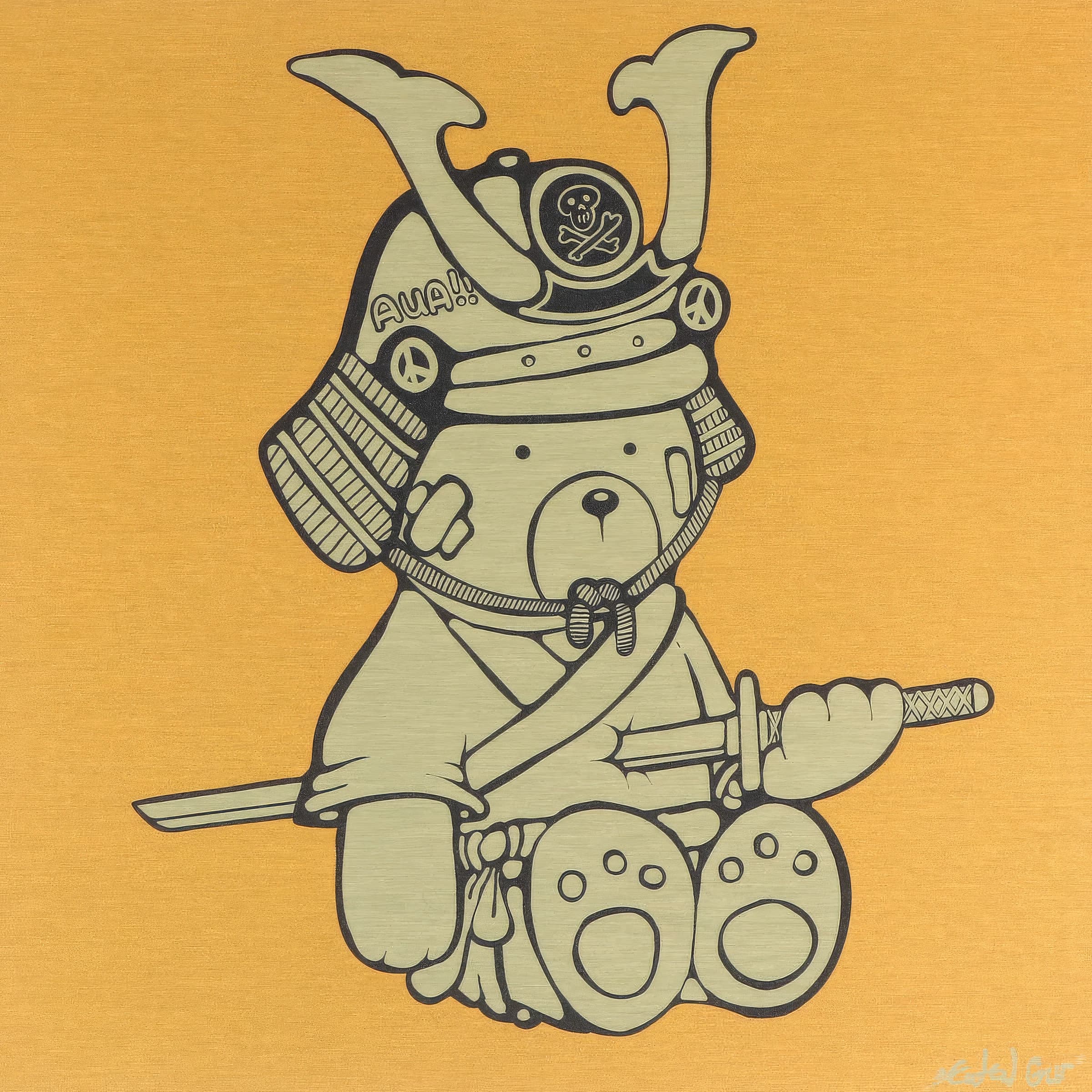 Ein sitzender Bär in Samurai-Rüstung mit Schwert vor orangem Hintergrund.