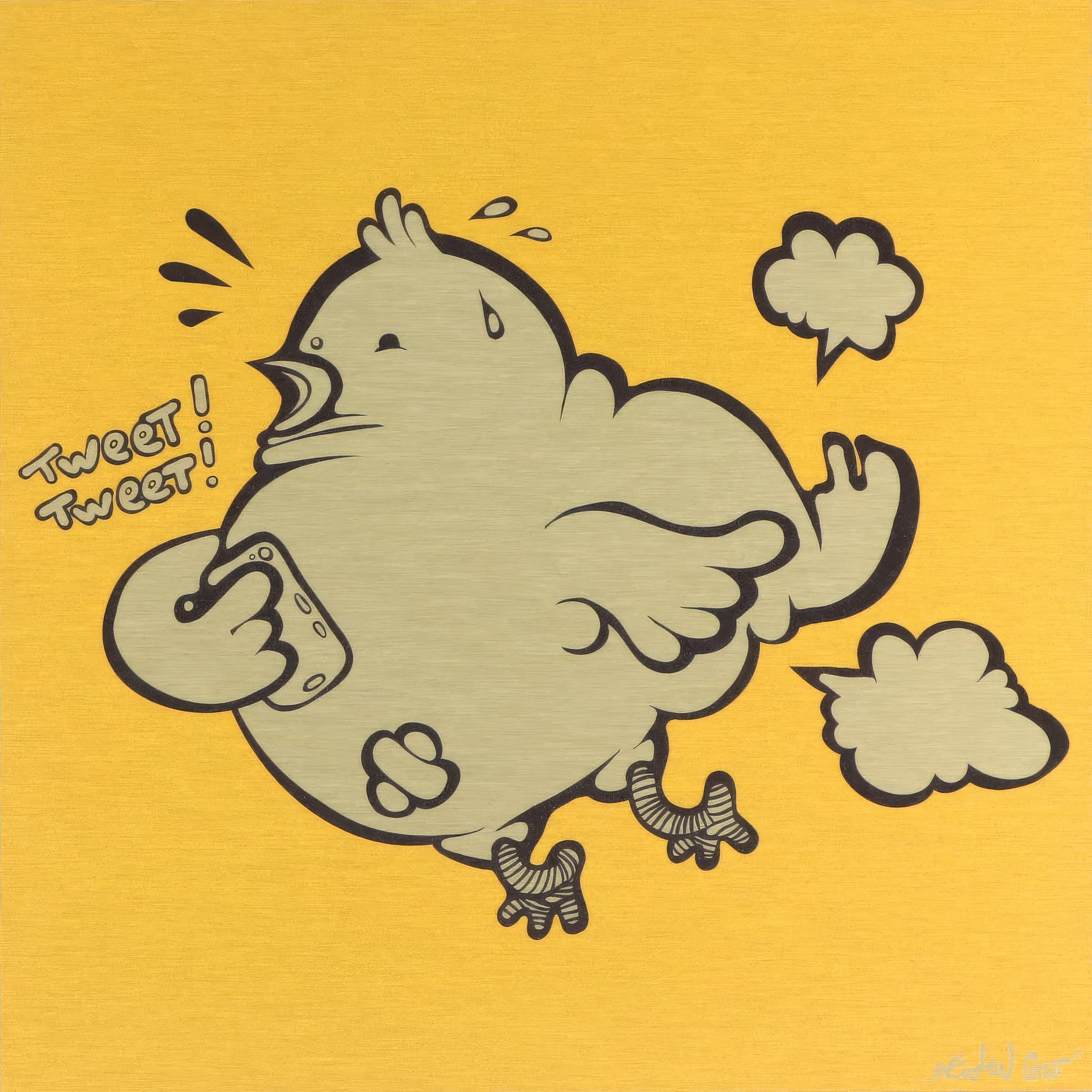 Cartoon-Vogel mit Handy und Sprechwolken auf gelbem Hintergrund.
