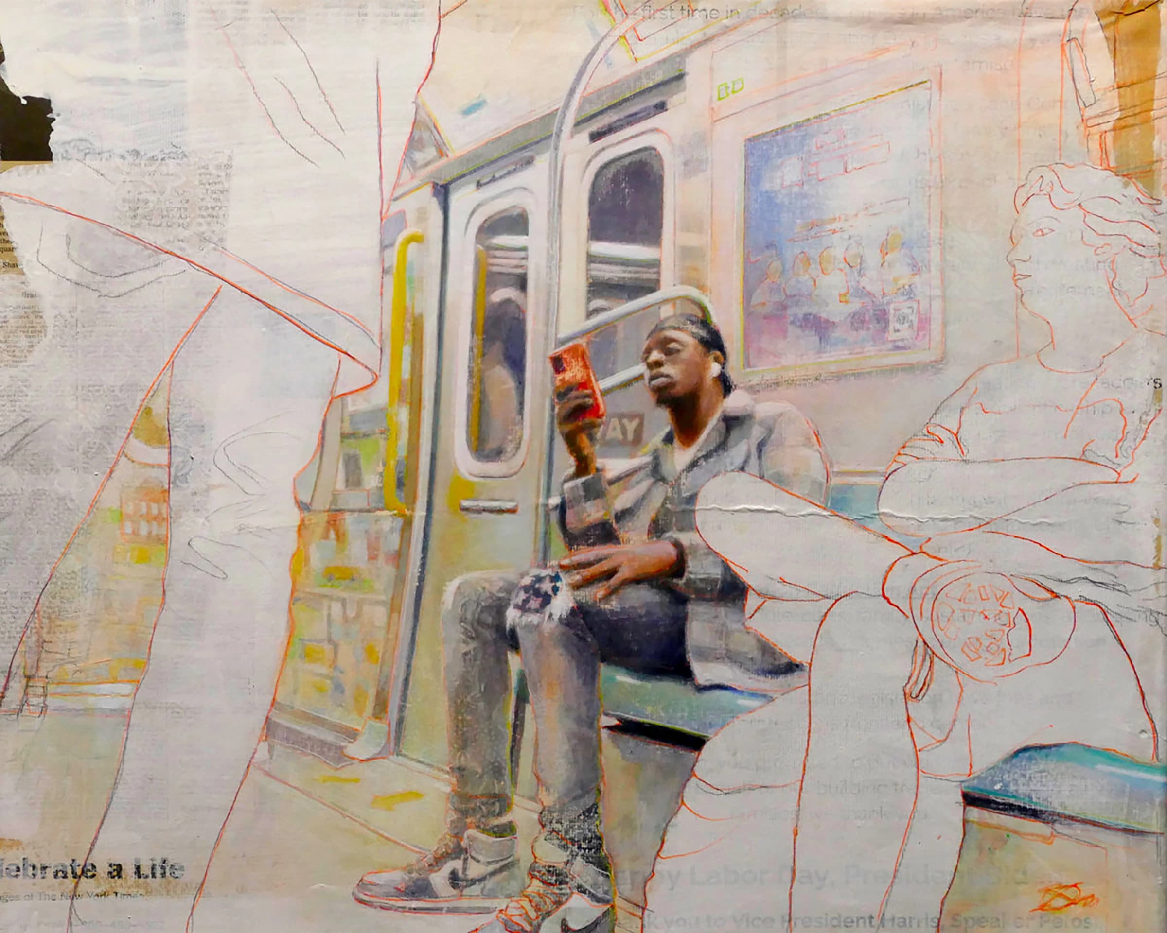 Mann sitzt in einer U-Bahn, hält ein rotes Handy, um ihn herum blasse Umrisse von Personen und Sitzbank.