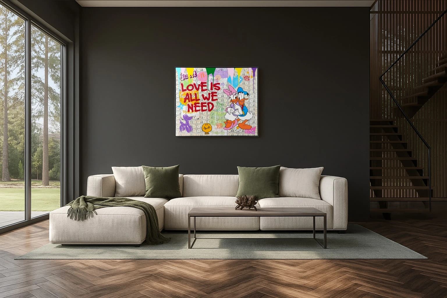 Donald und Daisy Duck stehen rechts vor Geldscheinen mit rotem Schriftzug und Farbspritzern, als Kunstwerk an der Wand eines Wohnzimmers.