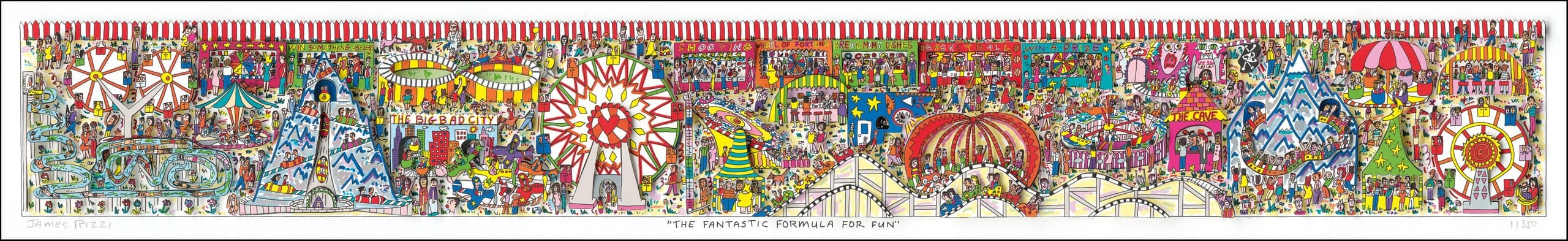 Ein buntes, dichtes Wandbild mit vielen kleinen Figuren, Häusern und Symbolen auf hellem Hintergrund.